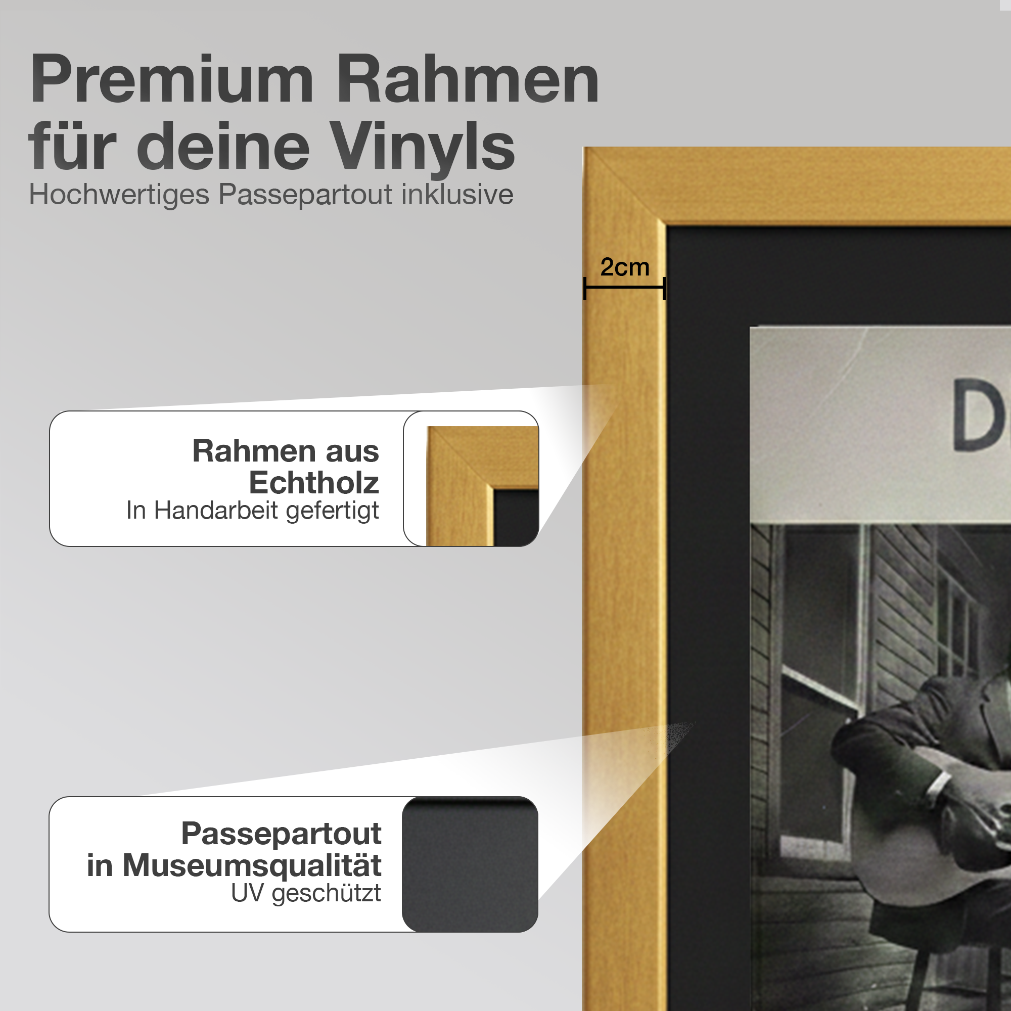 Goldener Bilderrahmen mit Passepartout, zeigt Musiker mit Gitarre.