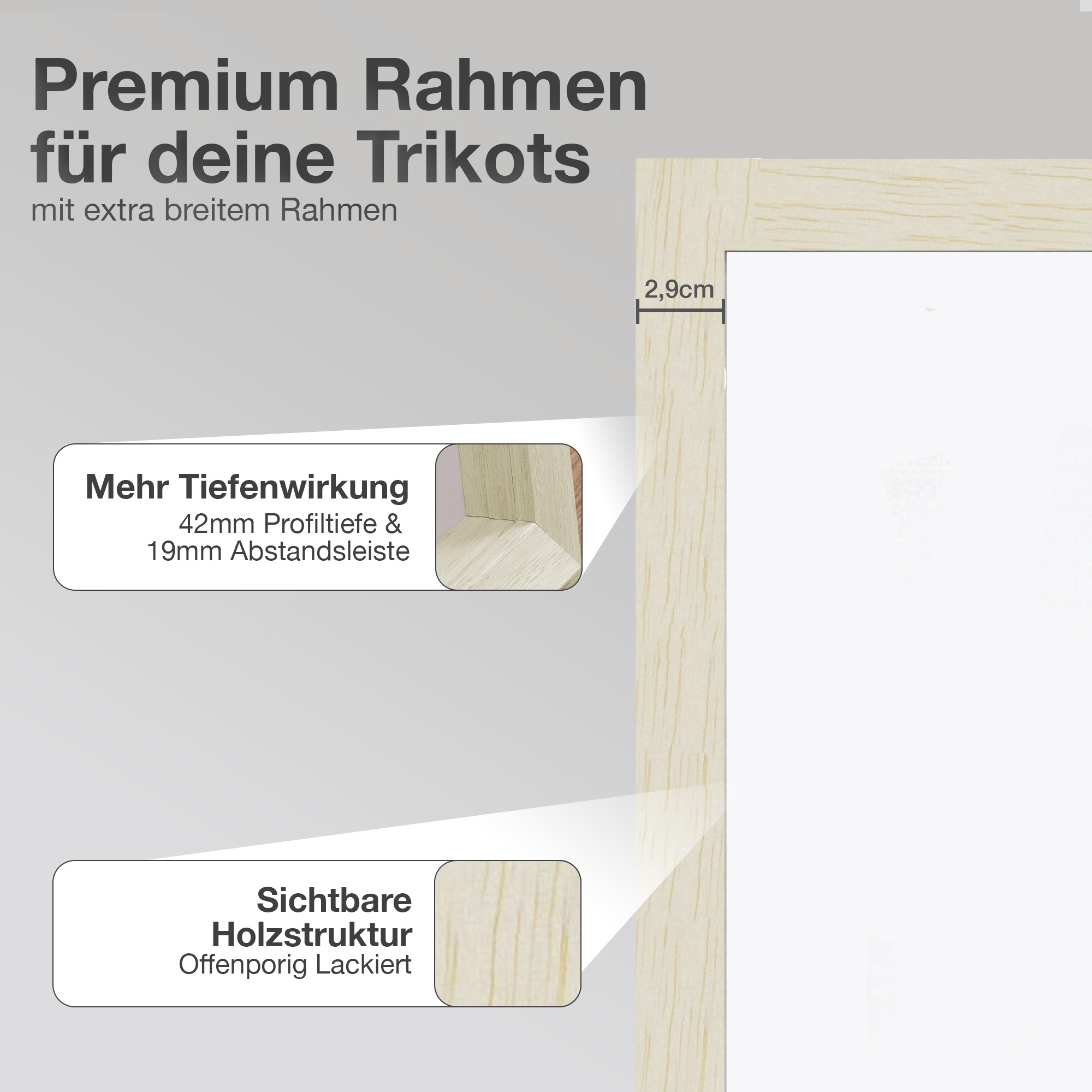 Ein Bilderrahmen mit Holzstruktur und Text über Tiefe und Oberfläche.