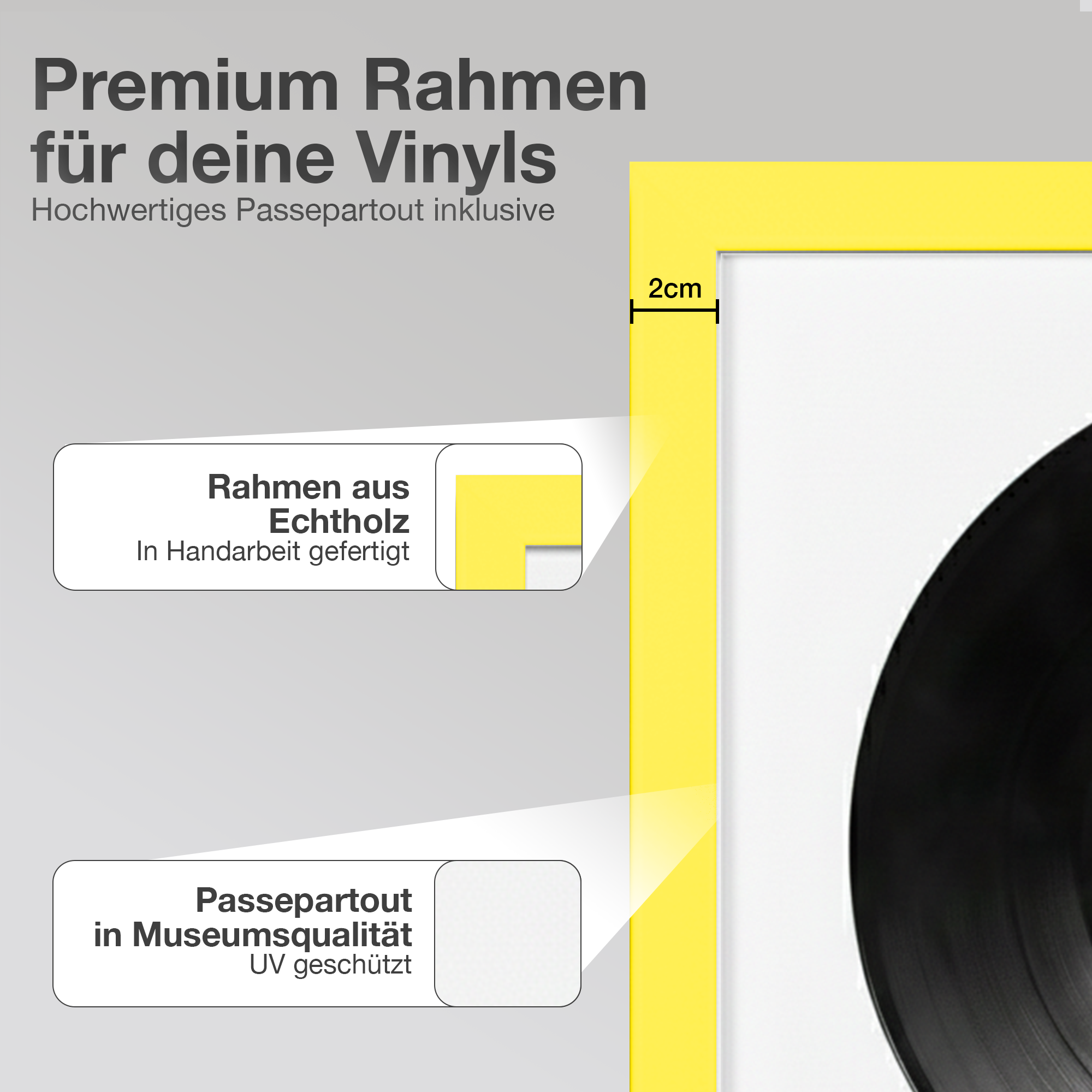 Ein gelber Bilderrahmen mit Text über Vinyl-Rahmen aus Echtholz und Passepartout.