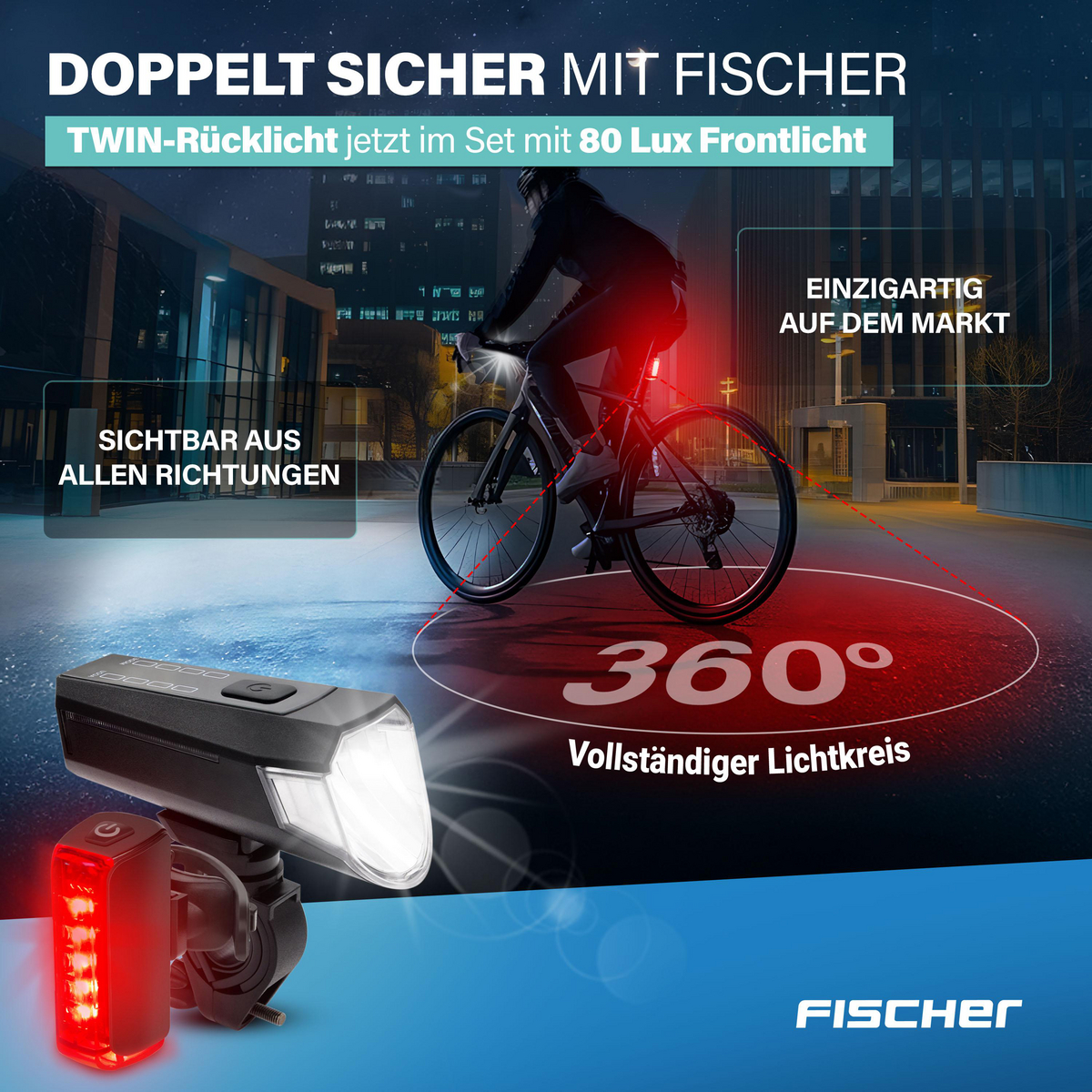 Fahrradlichter: Front- und Rücklicht für 360° Sichtbarkeit, beleuchten einen Kreis.
