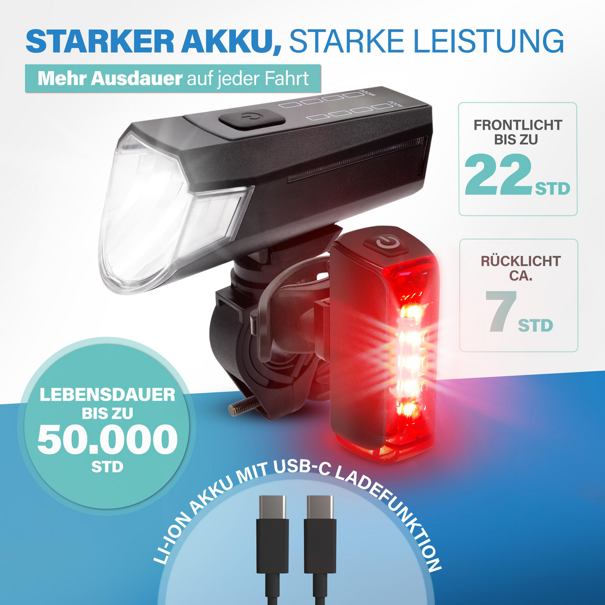 Fahrradlichter: Frontlicht bis 22 Std., Rücklicht bis 7 Std. Lebensdauer 50.000 Std.
