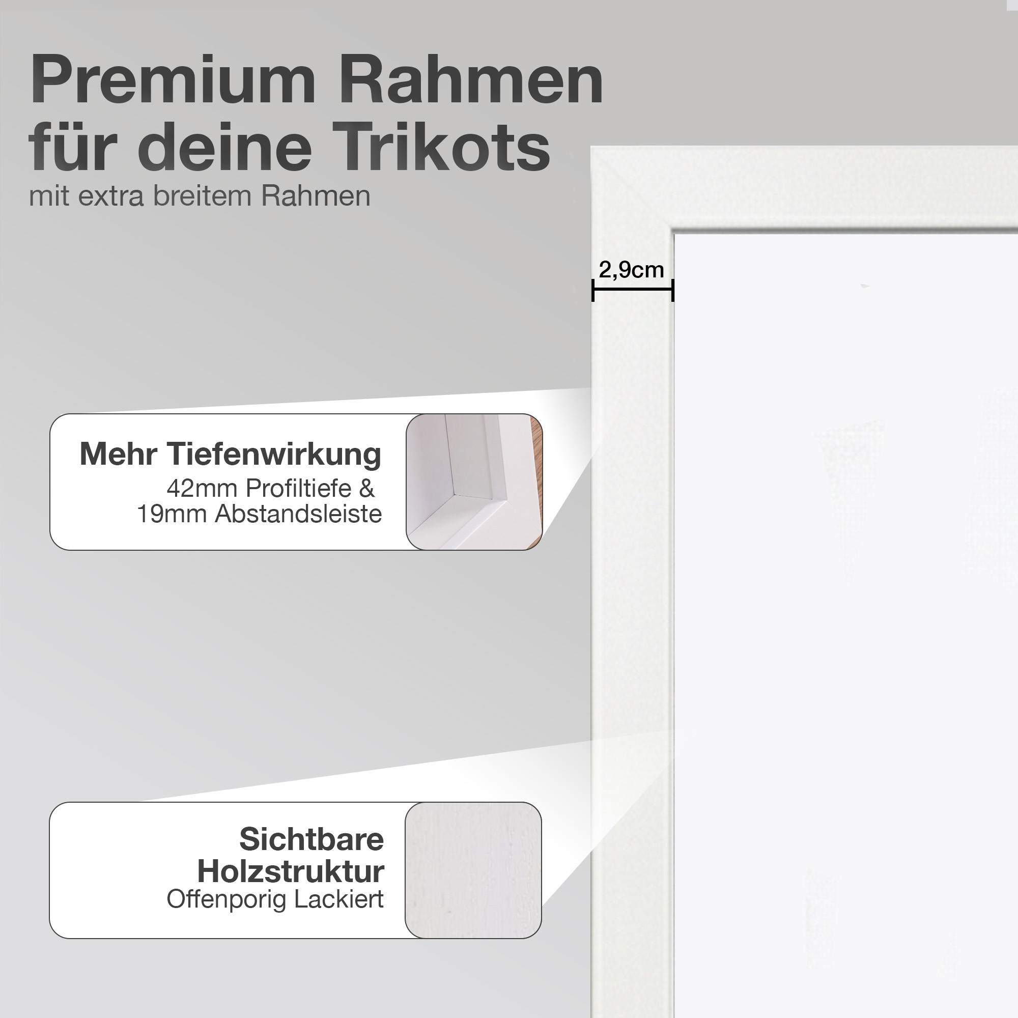 Ein weißer Bilderrahmen mit Text über Tiefe und Holzstruktur.