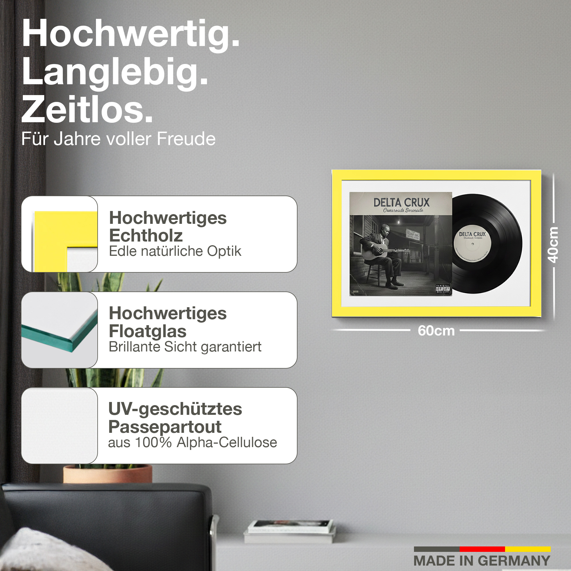 Gerahmtes Schallplatten-Cover und Vinyl in einem gelben Rahmen mit Maßen 60x40cm.