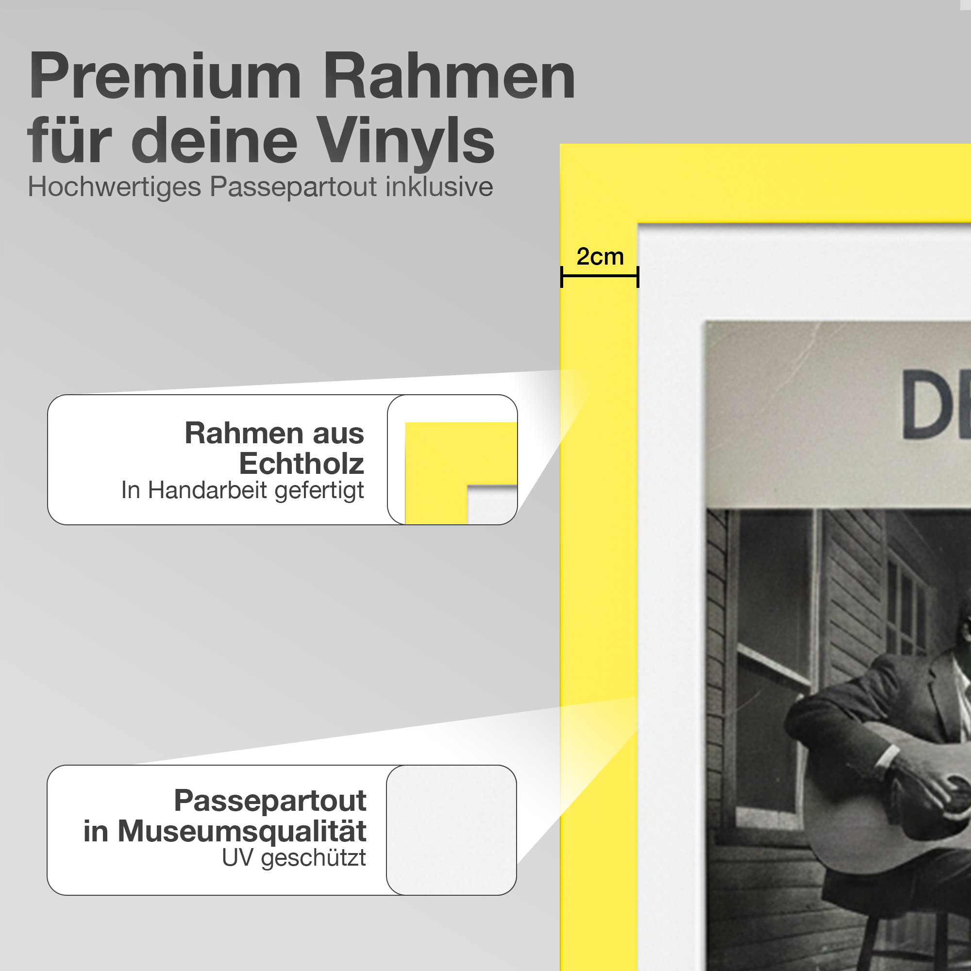 Gelber Bilderrahmen mit Text über Vinyl-Rahmen und ein Bild einer Person mit Gitarre.