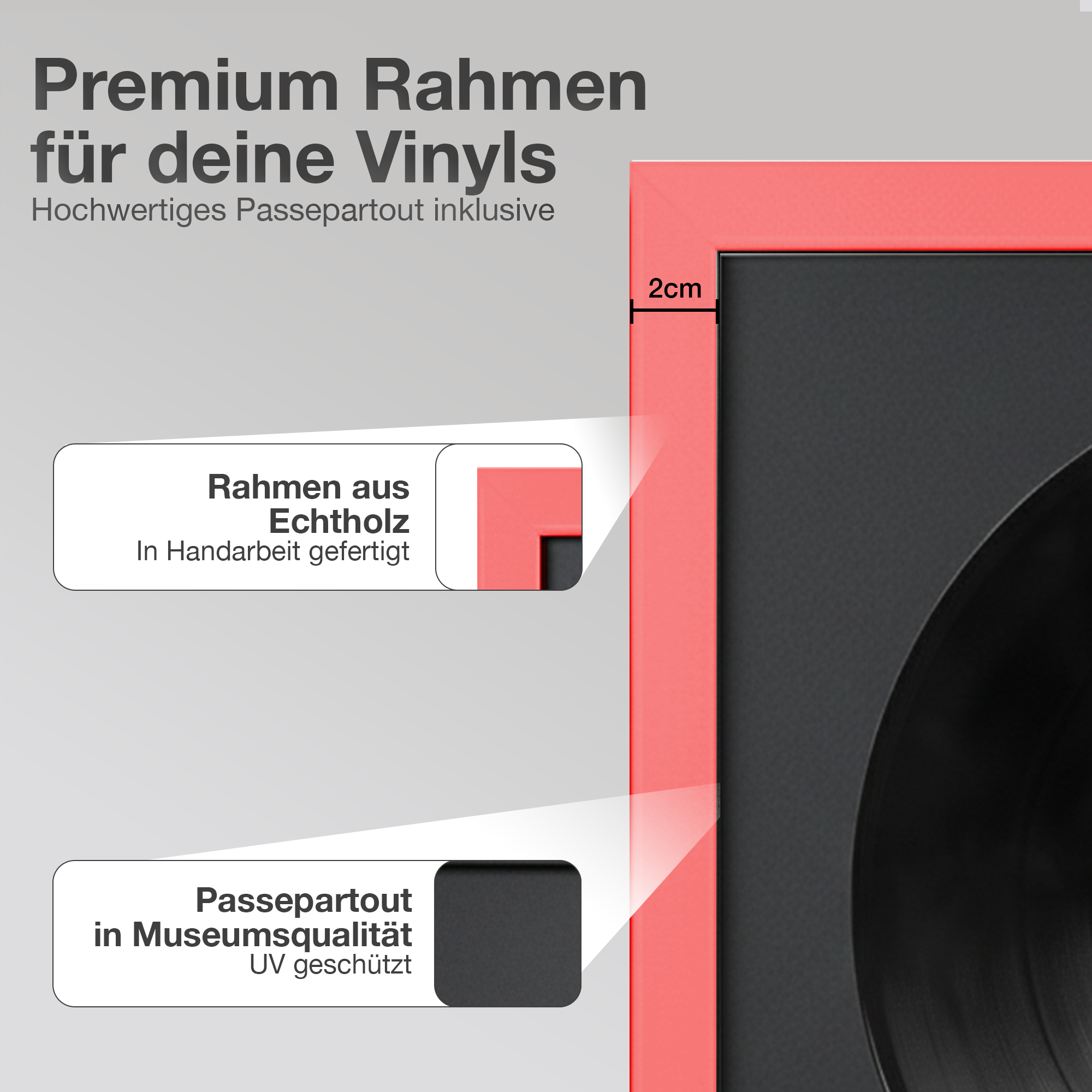 Roter Vinyl-Schallplattenrahmen mit Text zu Echtholz und Passepartout in Museumsqualität.