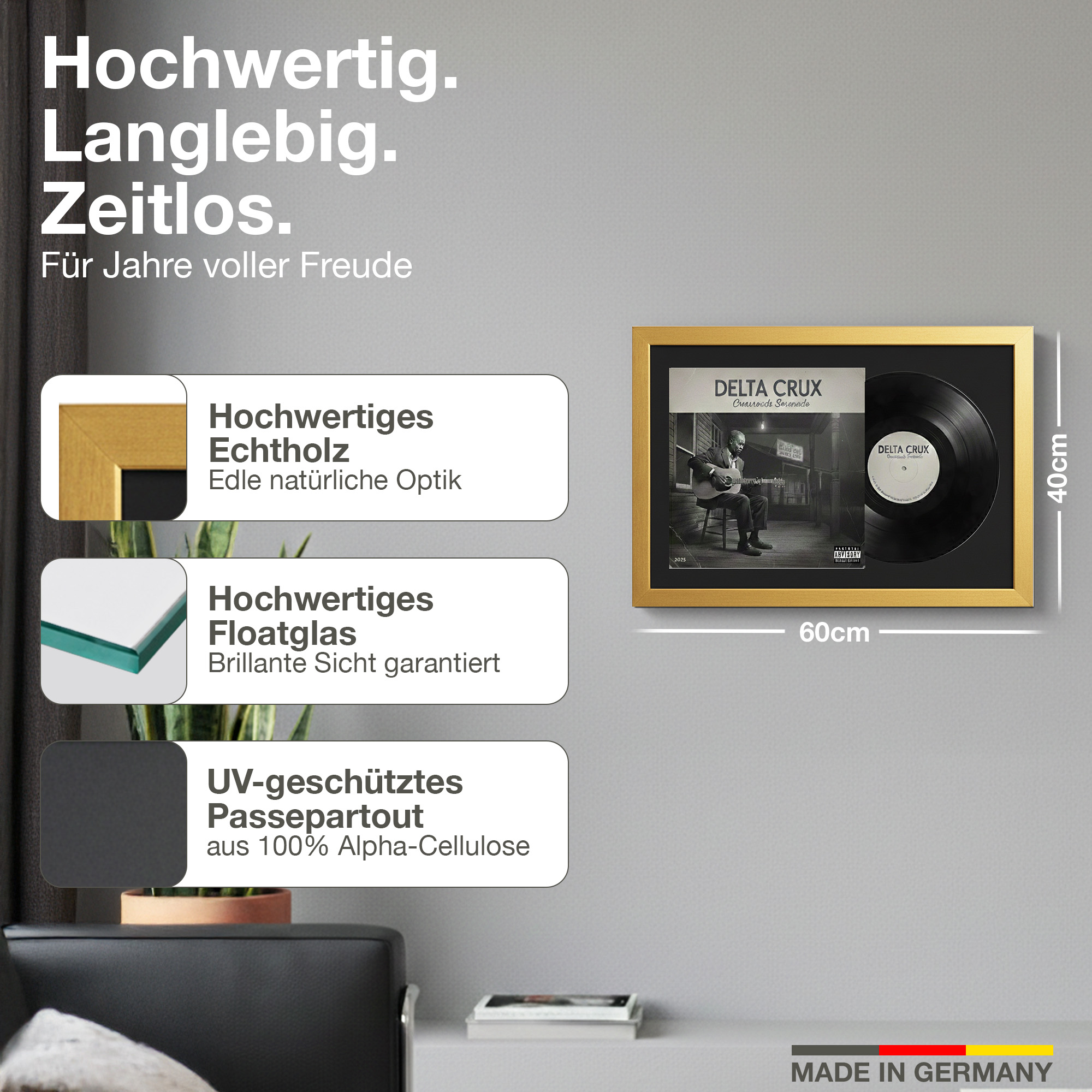 Ein gerahmtes Vinyl-Albumcover und Schallplatte, 40x60cm, Made in Germany.