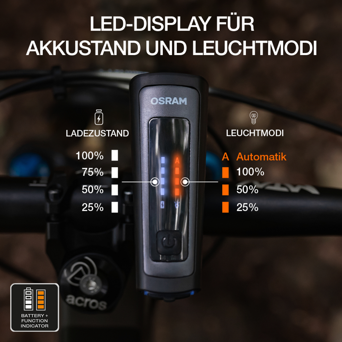 Osram Fahrradlicht mit LED-Display für Akkustand und Modi.