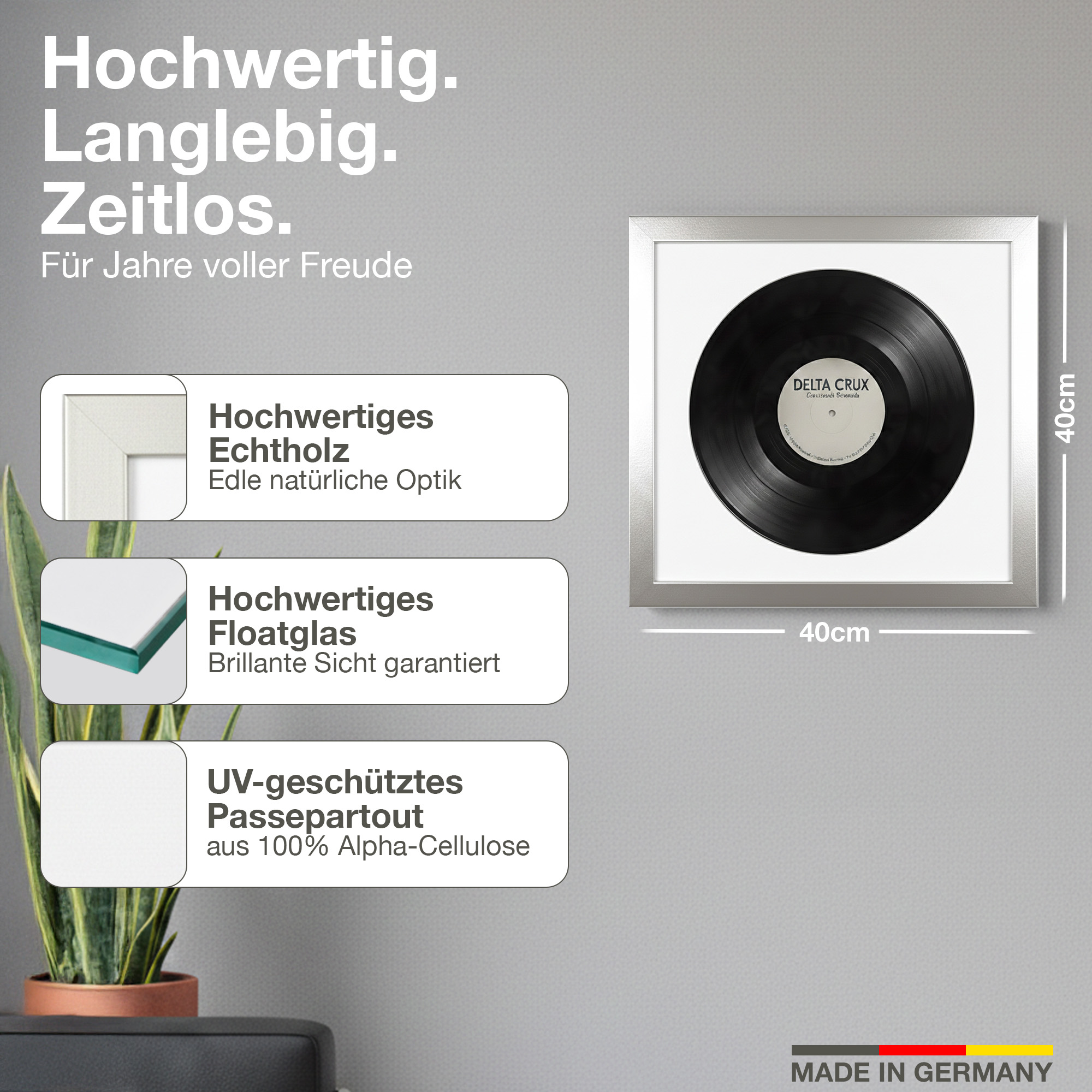Ein gerahmtes Vinyl im Format 40x40cm, daneben Text und Bilder zu Materialien.