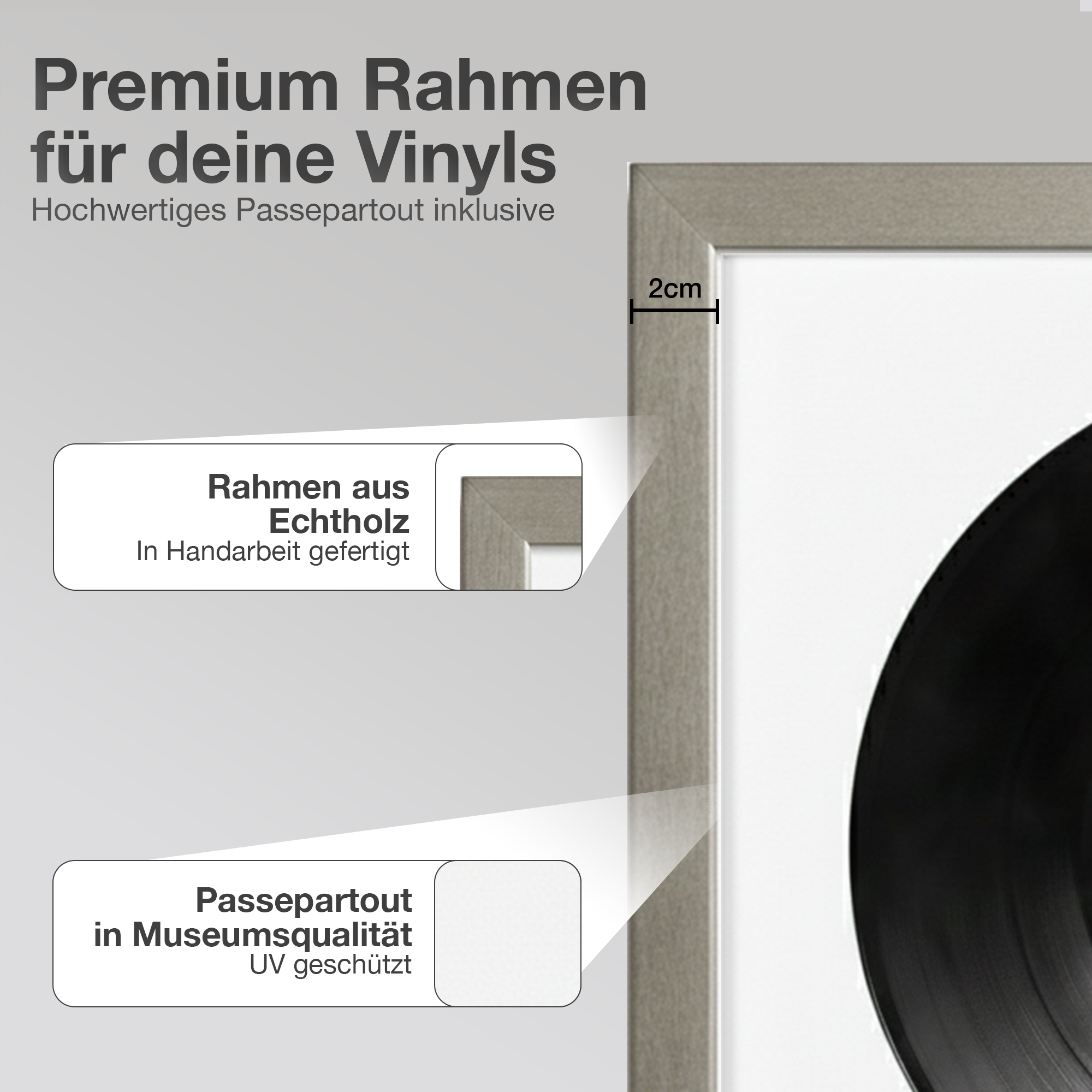 Eine gerahmte Schallplatte mit Text über Premium-Rahmen und Passepartouts in Museumsqualität.