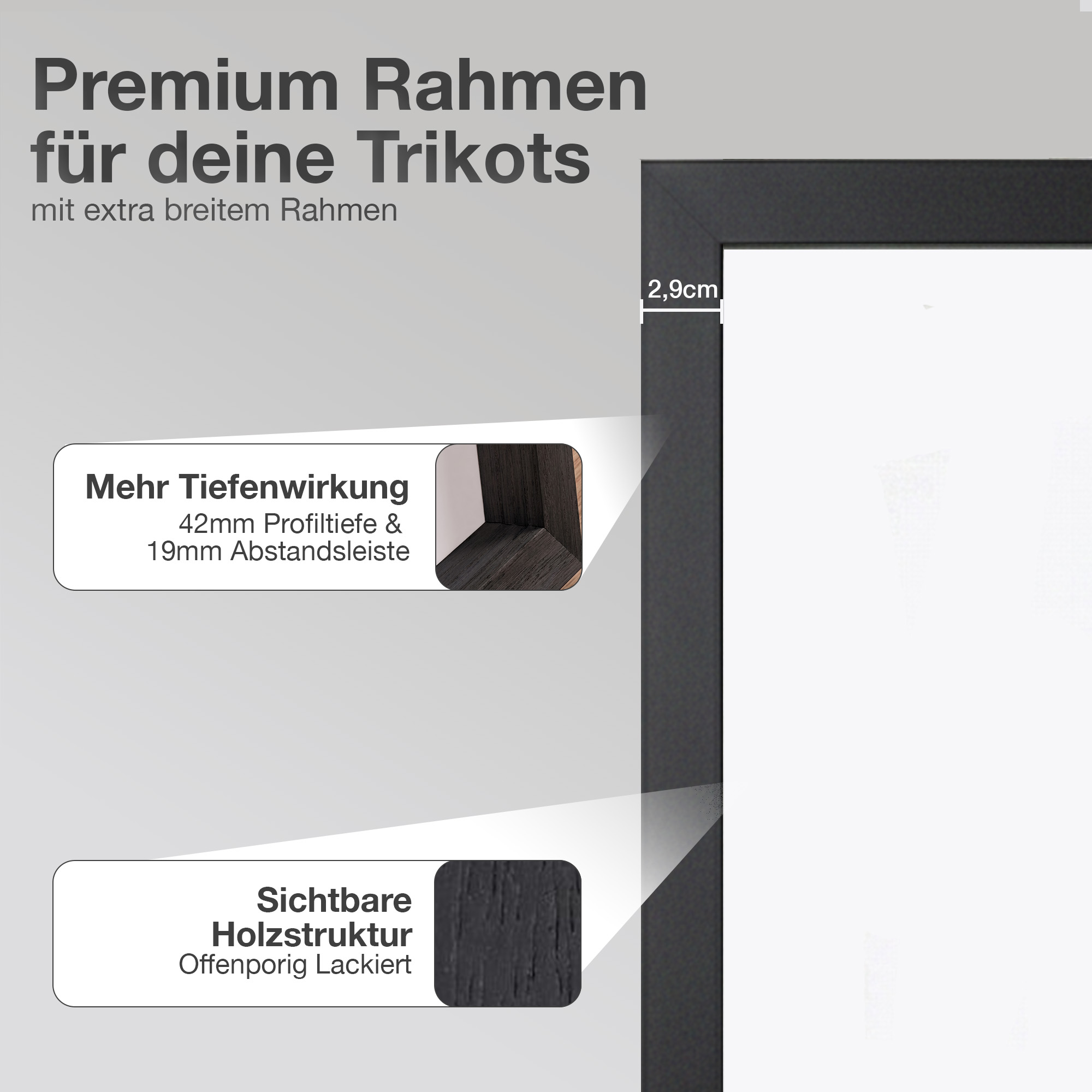 Schwarzer Bilderrahmen mit Text über Tiefe und Holzstruktur.