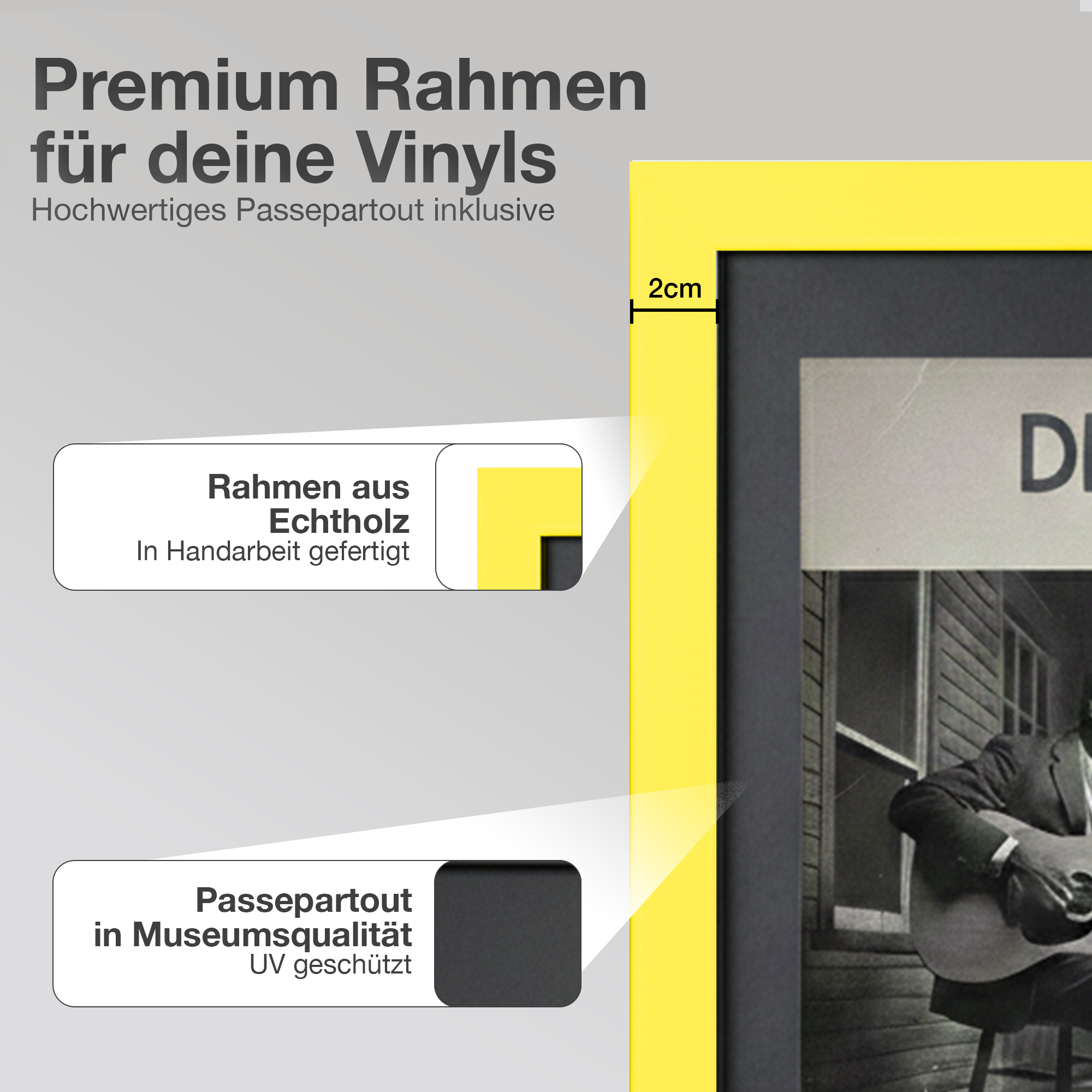 Gelber Rahmen mit schwarzem Passepartout. "Premium Rahmen für deine Vinyls".