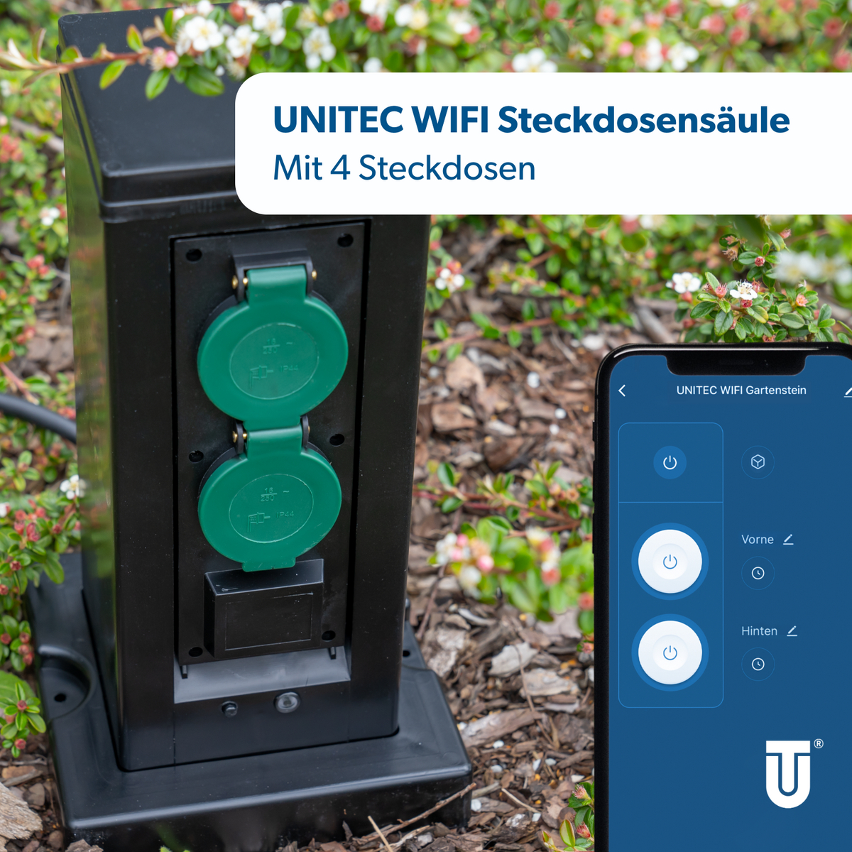 Schwarze UNITEC Steckdosensäule mit 4 Steckdosen und Smartphone-App-Steuerung.