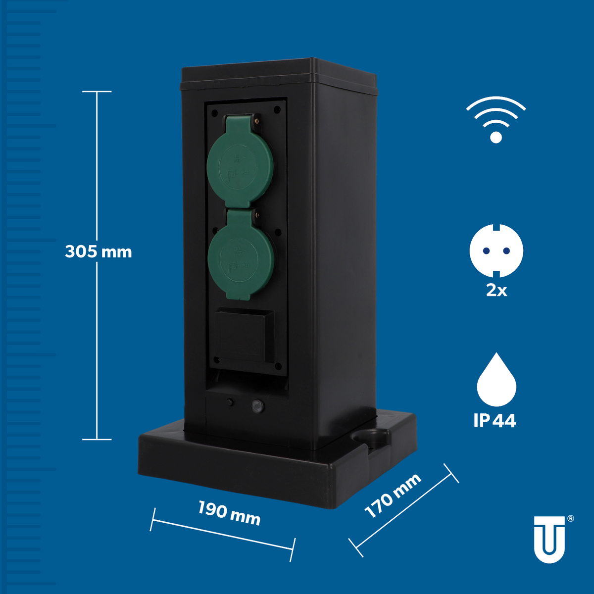 Schwarze Steckdosensäule mit zwei grünen Steckdosen, Maße 305x190x170mm, IP44.