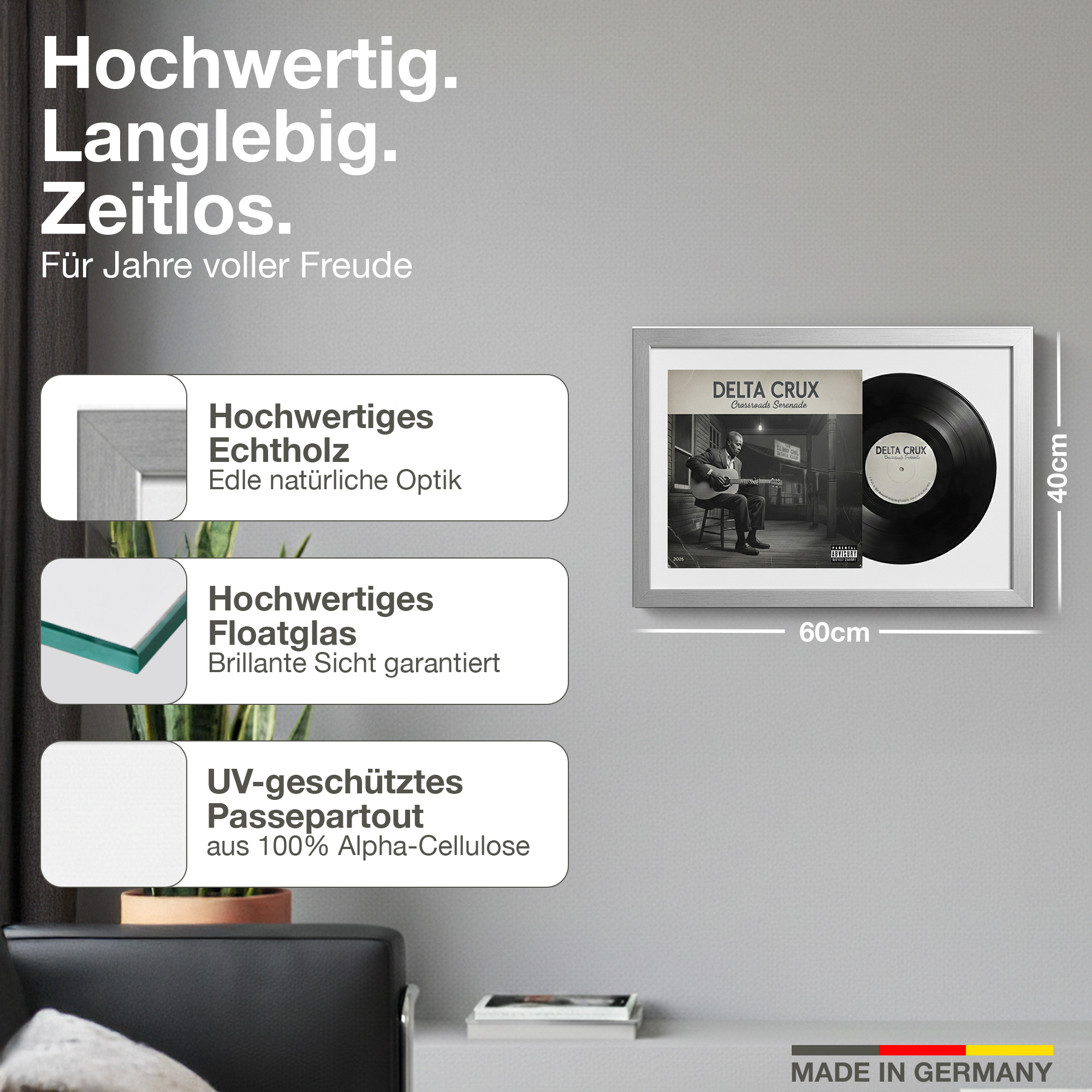 Gerahmtes Schallplatten-Cover und LP, 60x40cm, mit Text über Qualität.