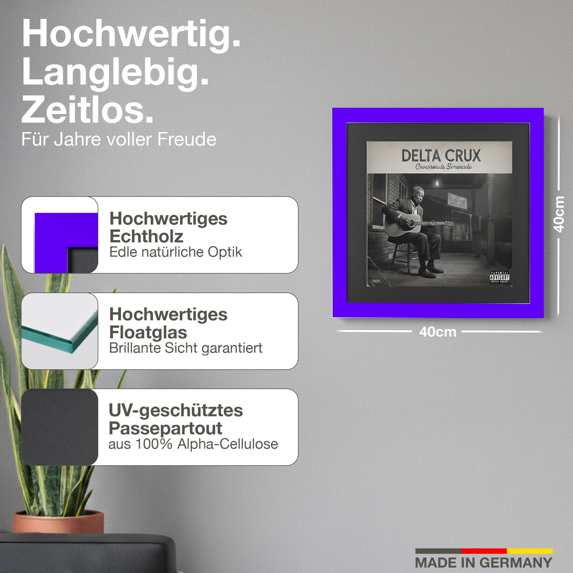 Ein gerahmtes Albumcover mit einem Mann, der Gitarre spielt, auf grauem Hintergrund.