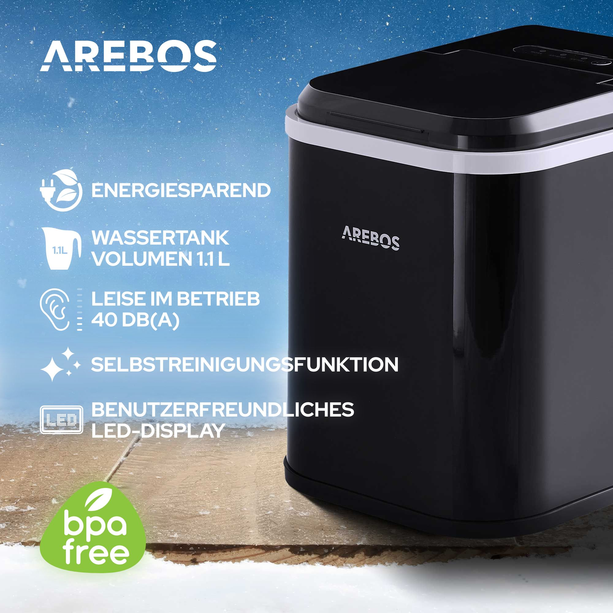 Schwarzer AREBOS Luftentfeuchter mit LED-Display, energiesparend und leise.