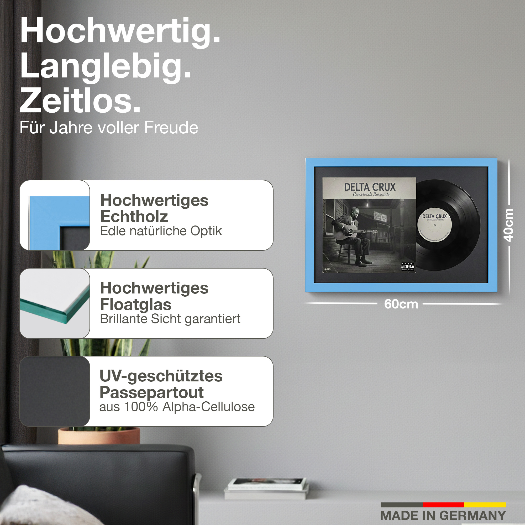 Blauer Bilderrahmen mit Schallplatte und Cover, 60x40cm.