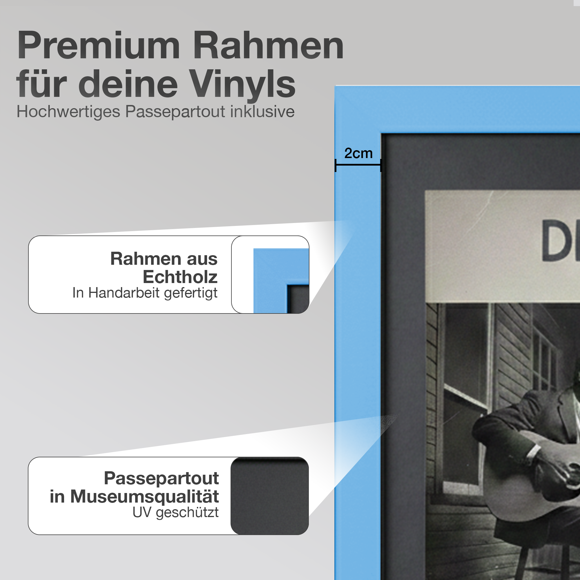 Blauer Rahmen mit Bild einer Person, die Gitarre spielt. Text über Rahmenqualität.