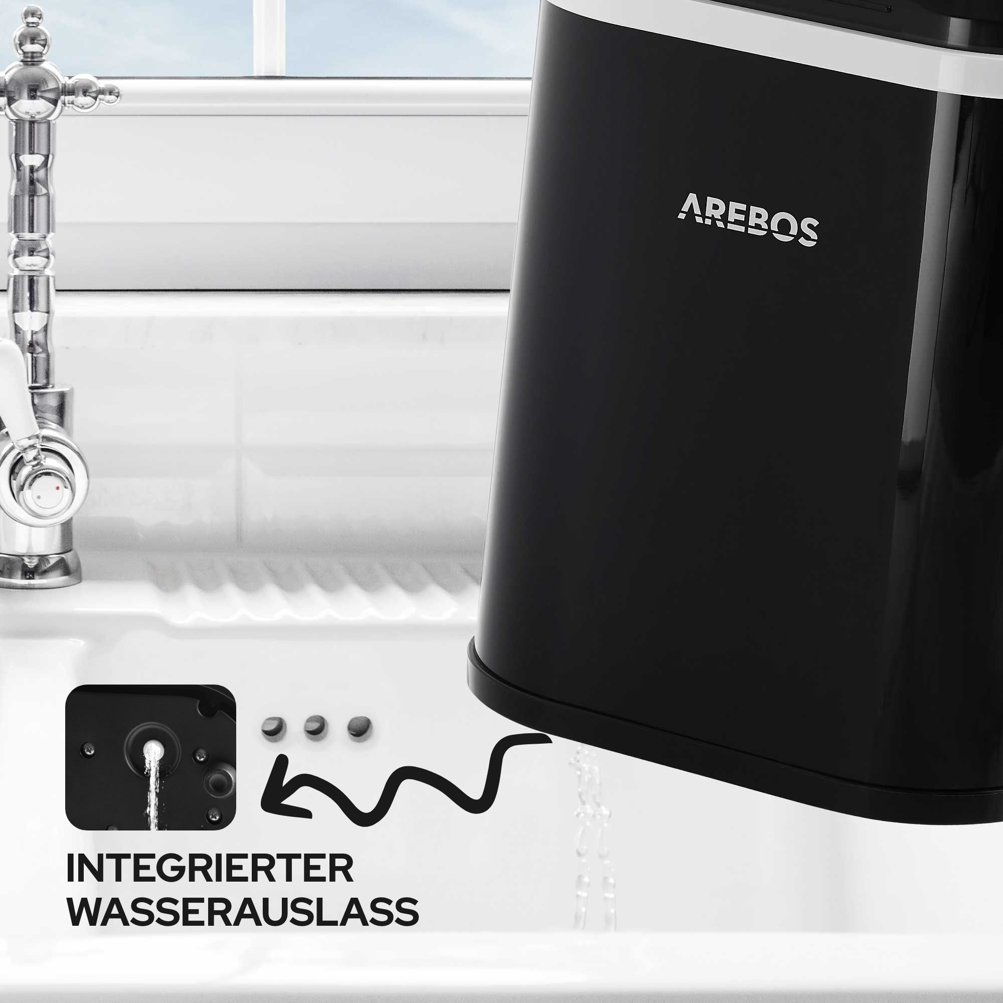 Ein schwarzer AREBOS-Mülleimer mit integriertem Wasserauslass über einem Spülbecken.