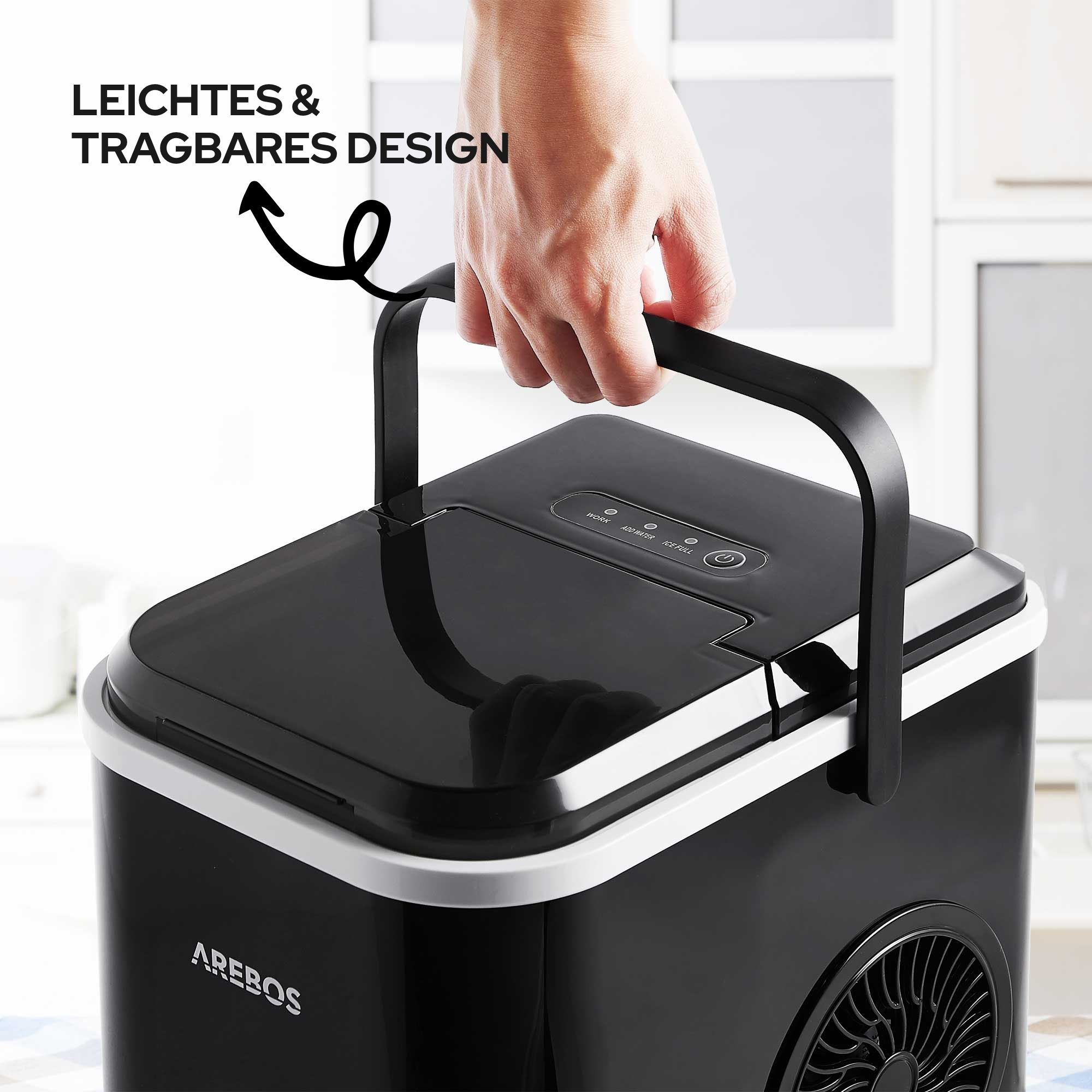 Hand hebt schwarzen Eisbereiter mit Griff an. "Leichtes & tragbares Design".