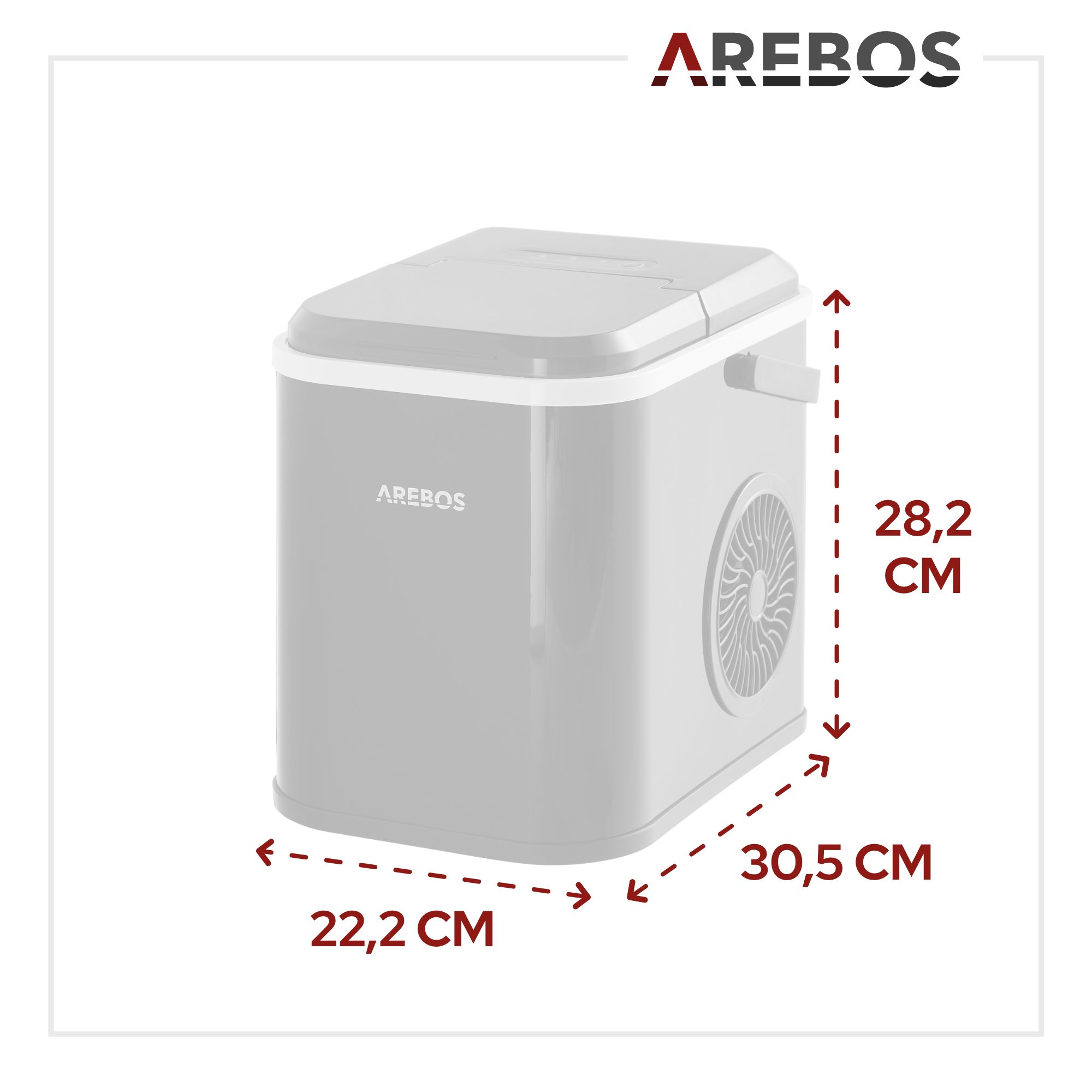 Grauer Eiswürfelbereiter mit Markierungen für Maße: 22,2 cm, 30,5 cm, 28,2 cm.