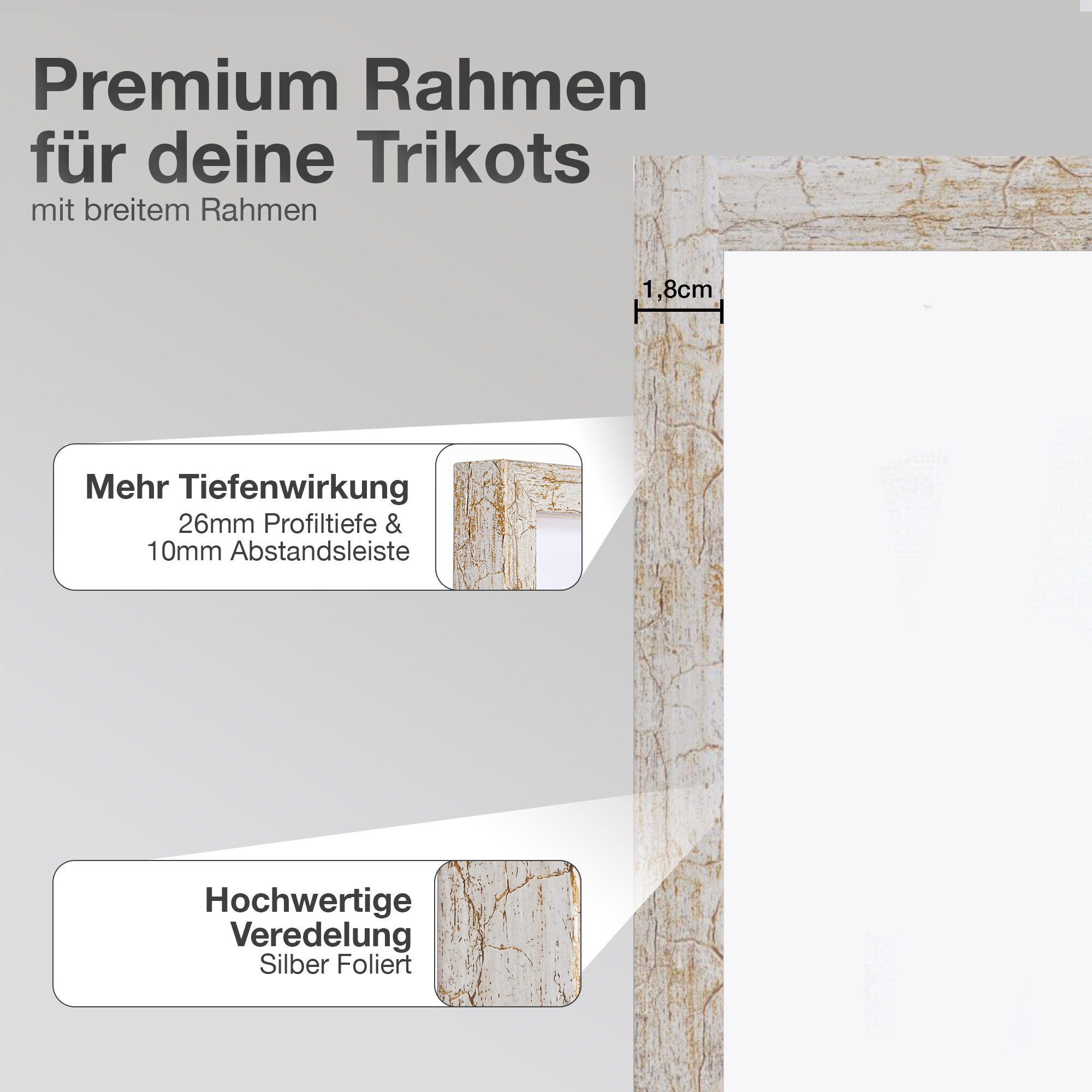 Ein weißer Rahmen mit goldener Marmorierung und Text über Tiefe und Veredelung.