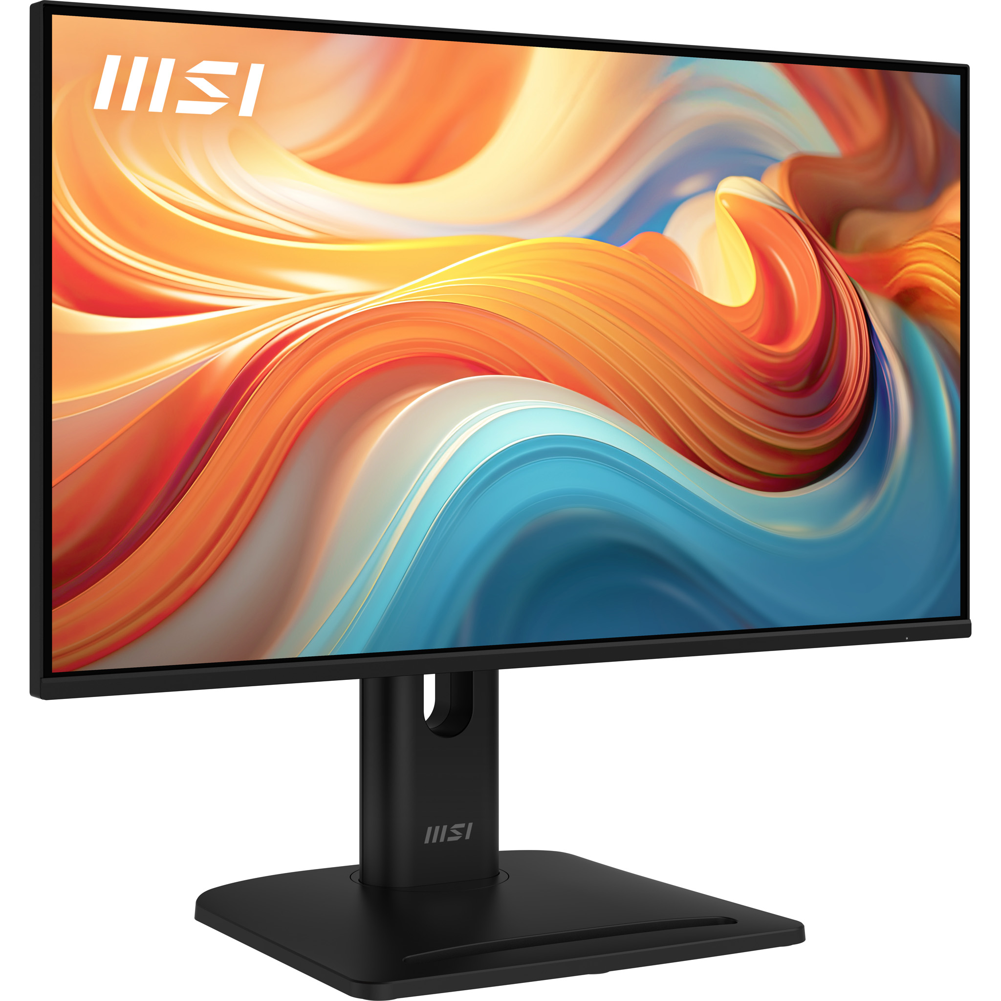 Monitor nero con logo MSI e schermo astratto colorato.