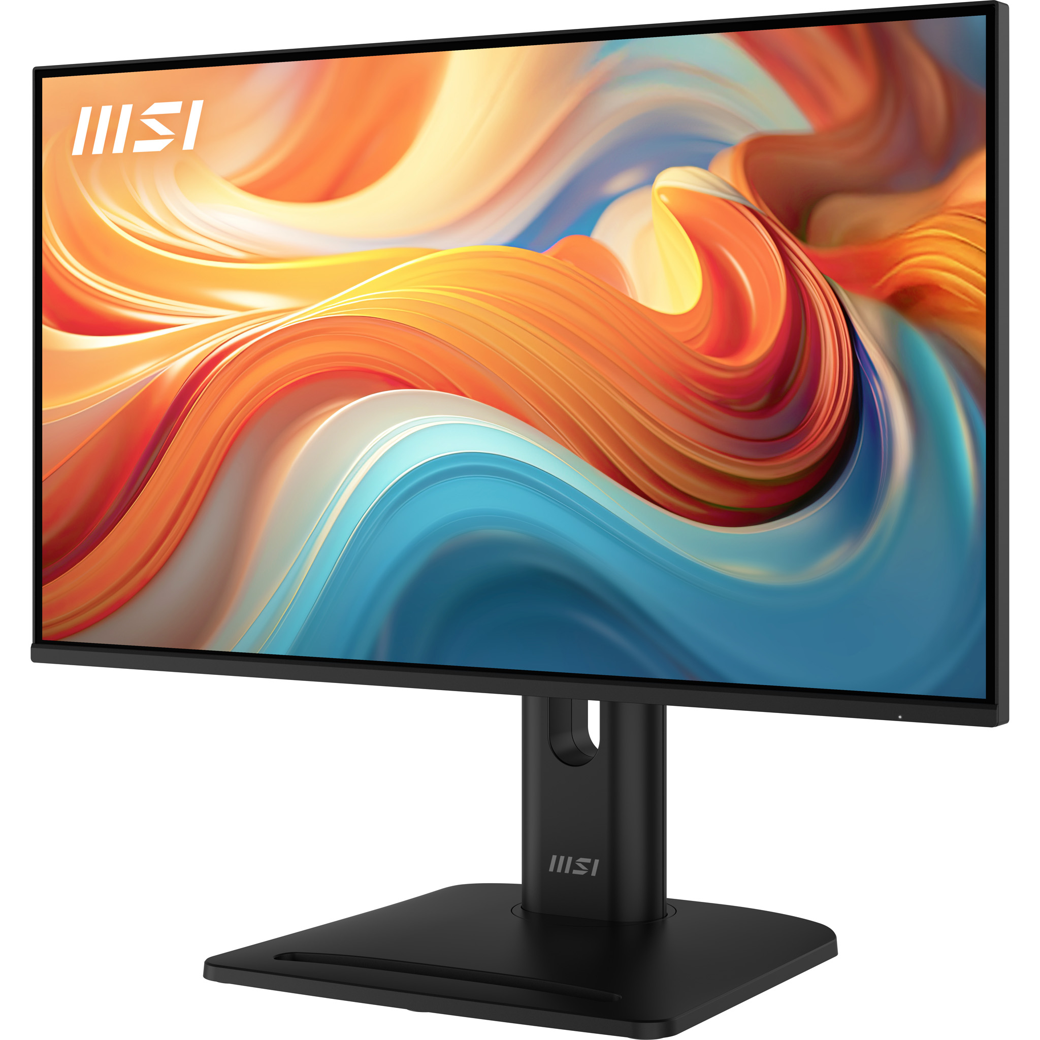Un monitor MSI nero con uno sfondo astratto e colorato sullo schermo.