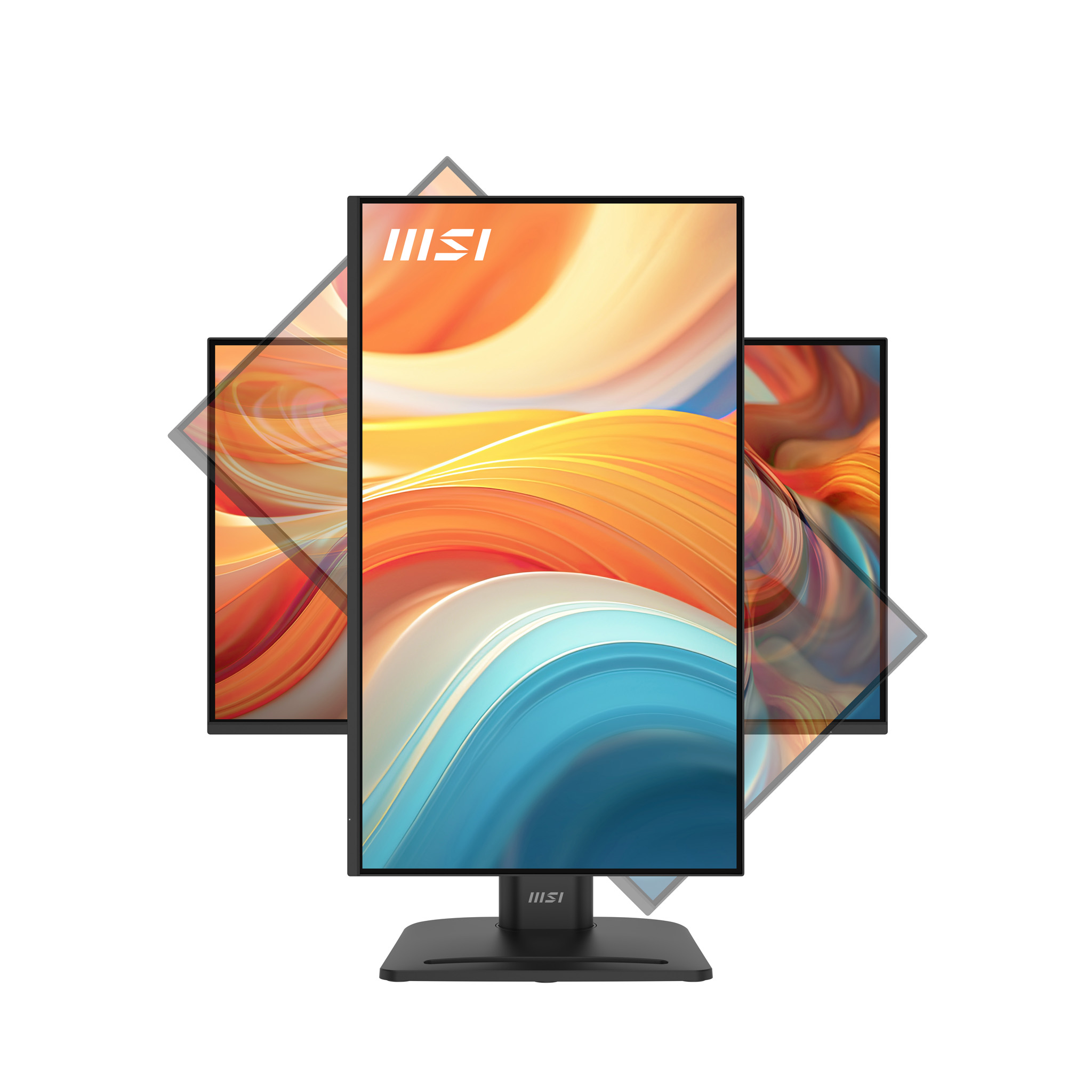 Tre monitor MSI con grafica astratta colorata su sfondo bianco.