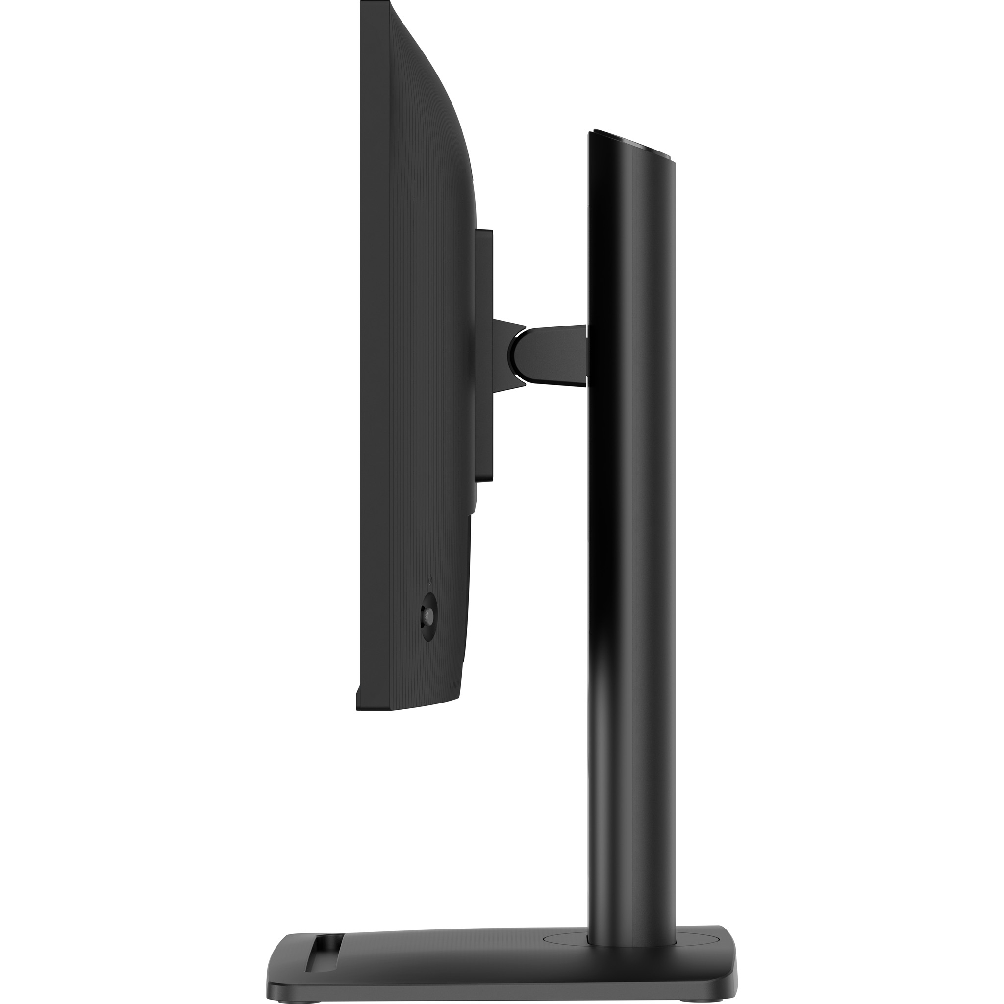 Vista laterale di un monitor nero su supporto, su sfondo bianco.