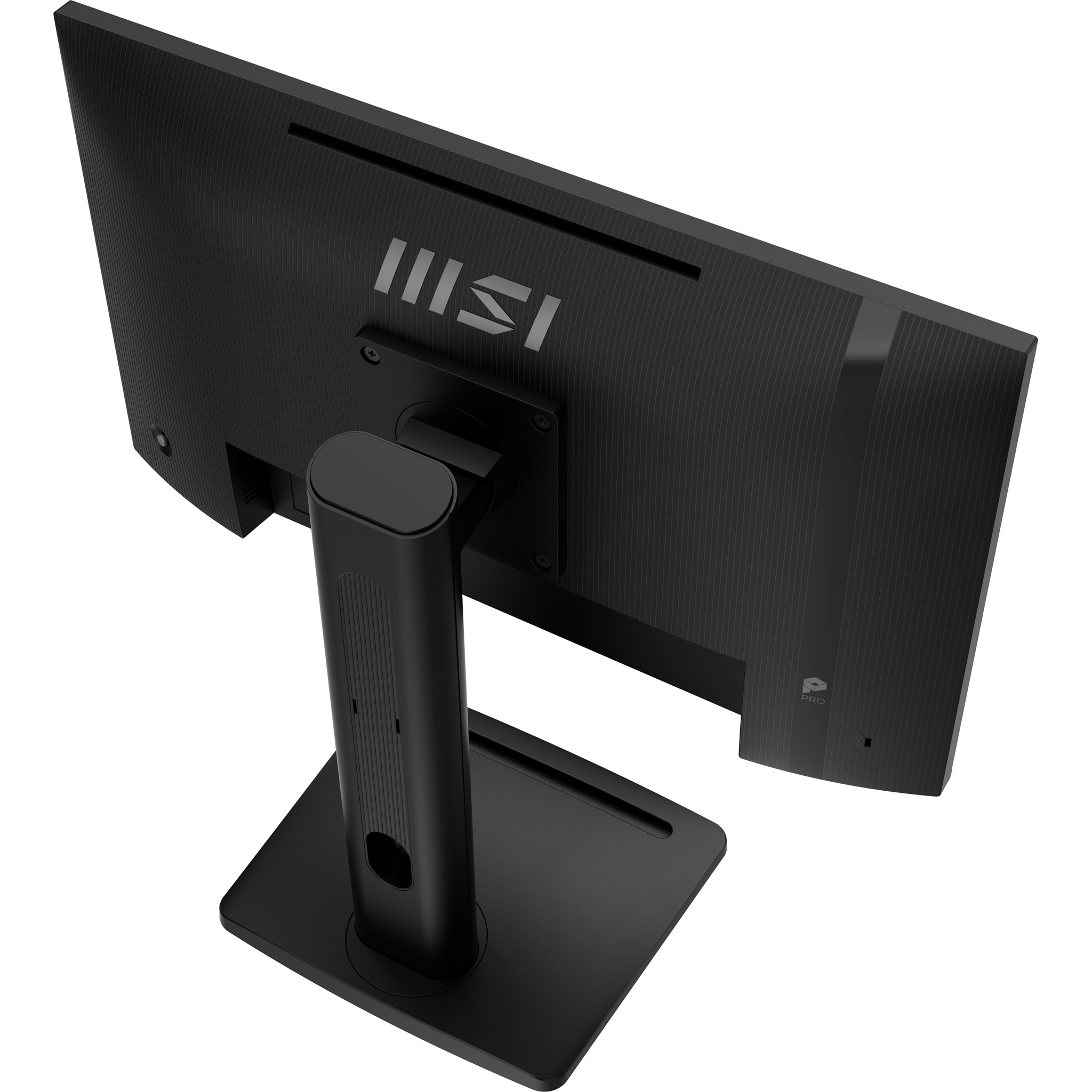 Il retro di un monitor MSI nero con il suo supporto, su sfondo bianco.