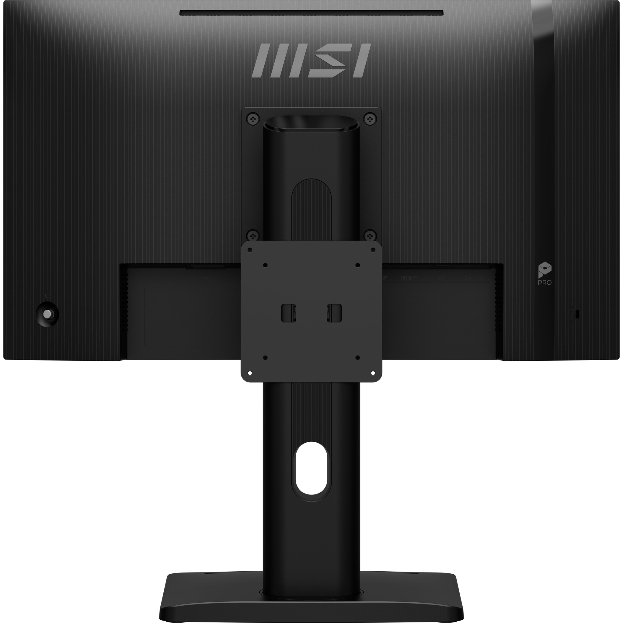 Vista posteriore di un monitor MSI nero con supporto e attacco VESA.