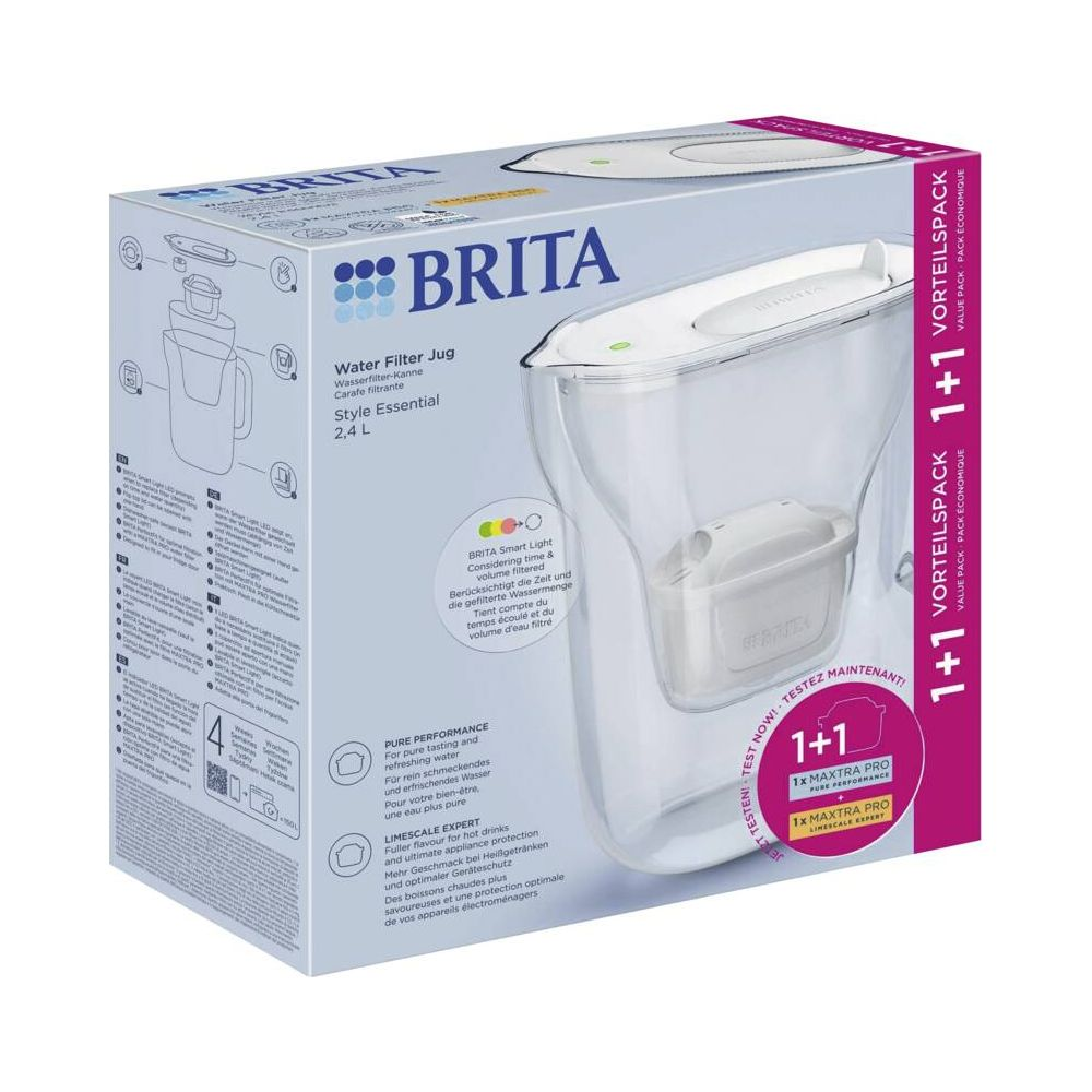 BRITA Wasserfilterkanne Style Essential 2,4 L im Karton mit 1+1 Vorteilspack.