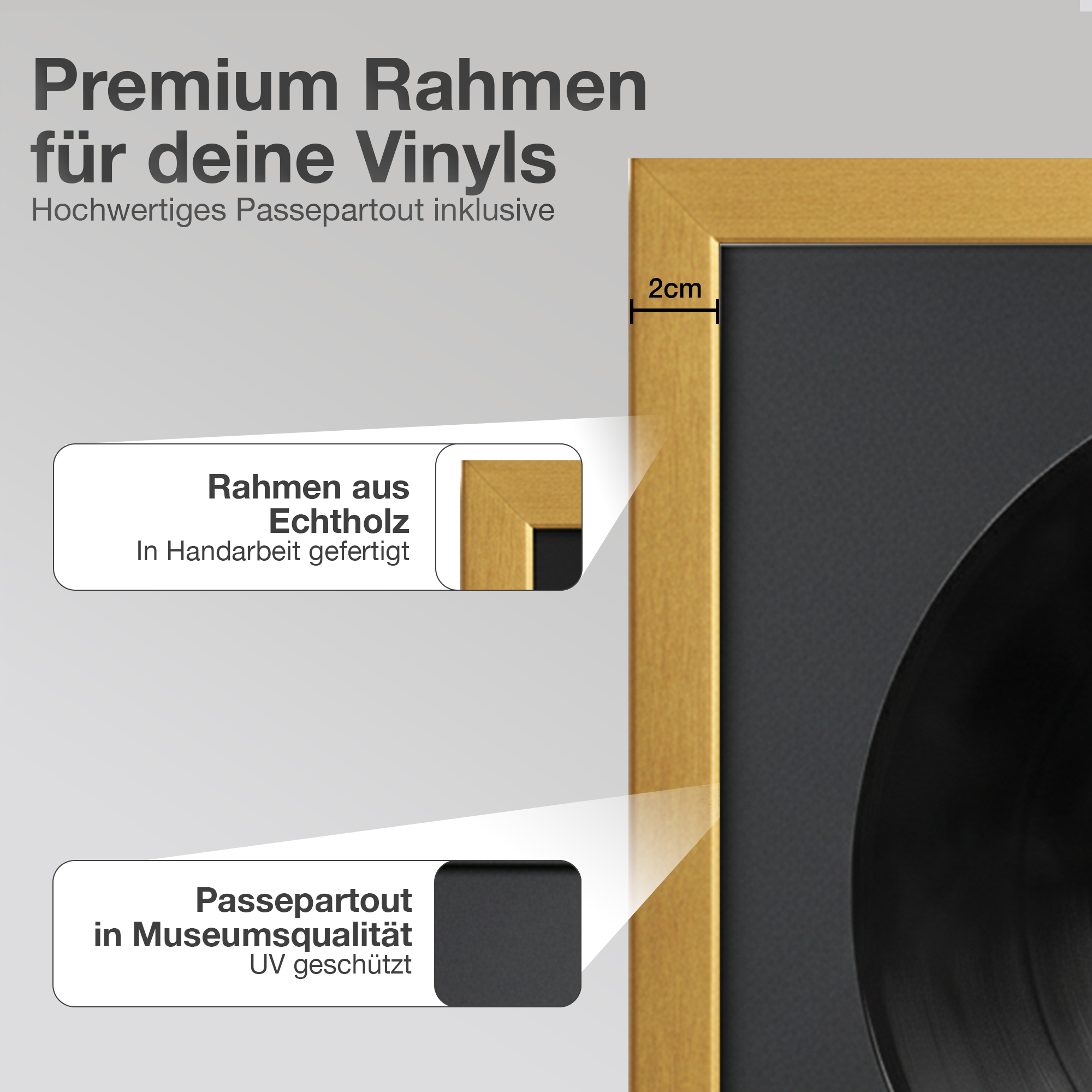 Goldener Rahmen für Vinyls mit Passepartout. Maße 2cm. Echtholz, handgefertigt.