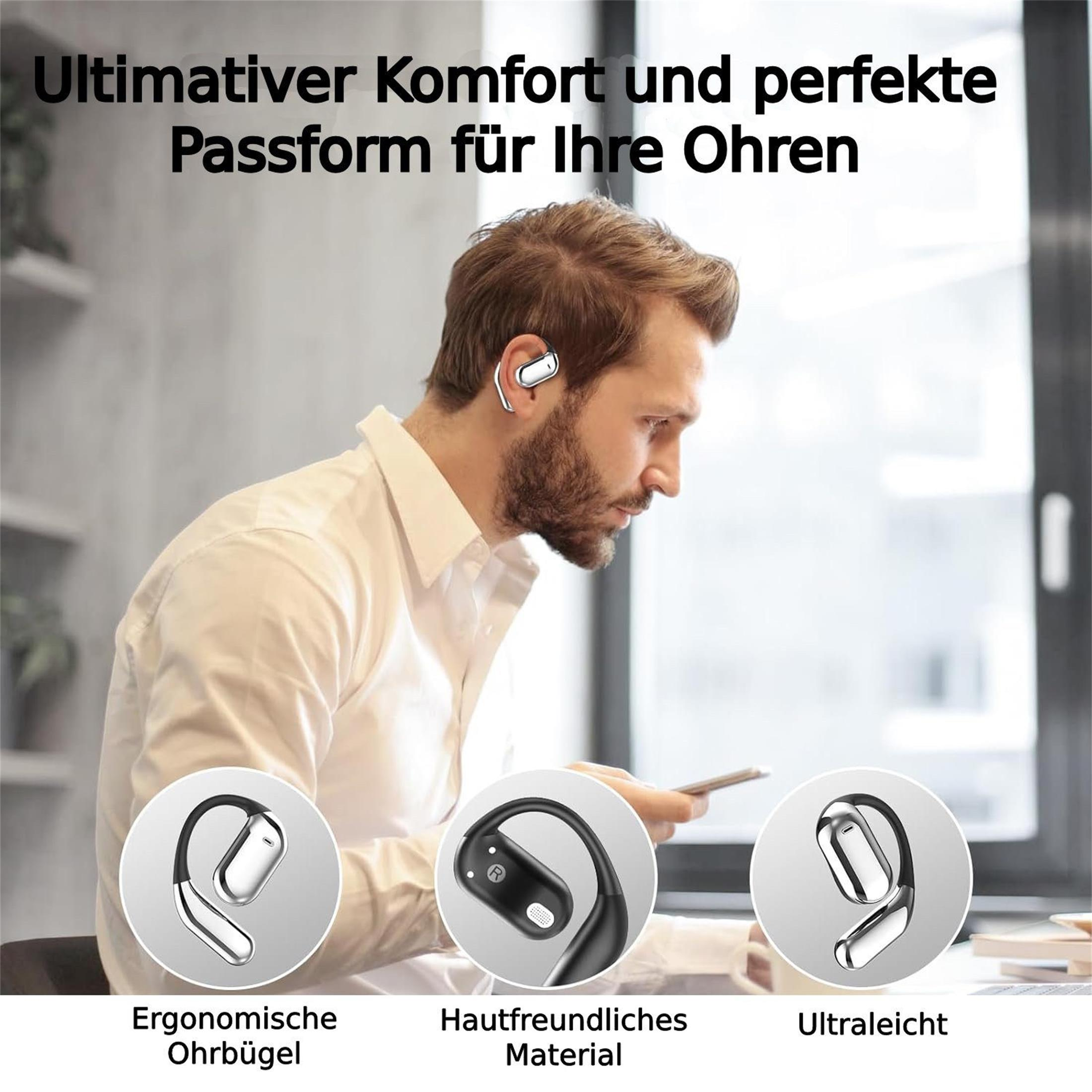 Mann mit weißem Hemd trägt weiße Ohrhörer. Nahaufnahme von drei Ohrhörern.