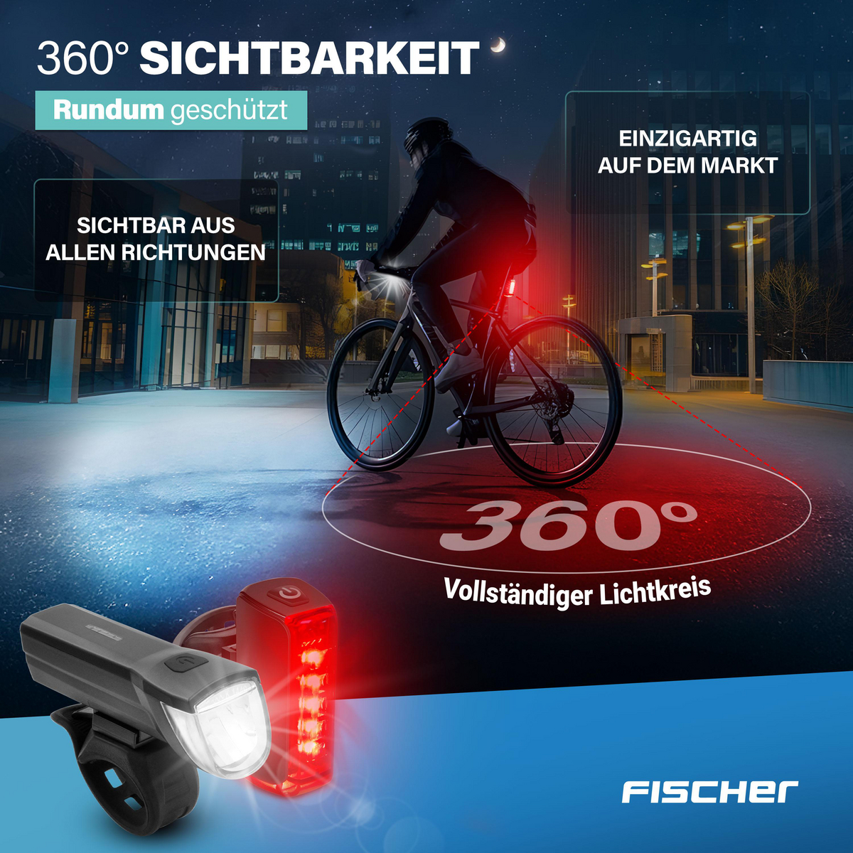 Fahrradlicht-Set mit 360° Sichtbarkeit bei Nacht. Front- und Rücklicht.