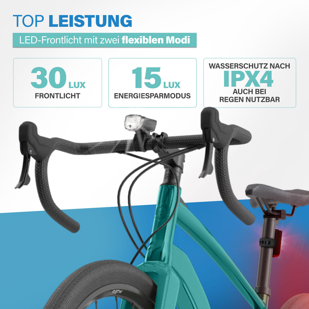 Türkises Fahrrad mit LED-Frontlicht (30 Lux) und Rücklicht. Merkmale: IPX4 Wasserschutz.