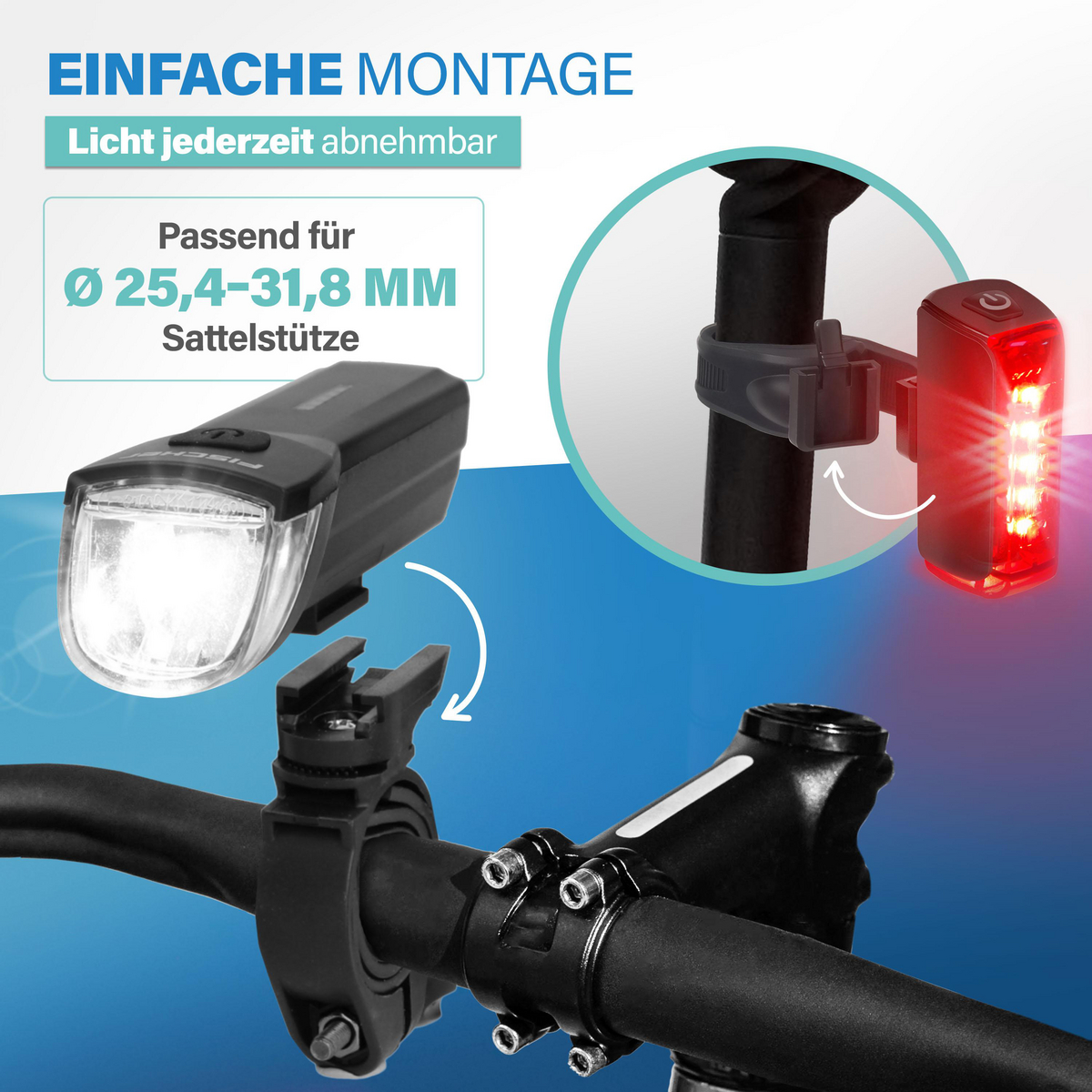 Ein Fahrradscheinwerfer und Rücklicht werden gezeigt. Einfache Montage.