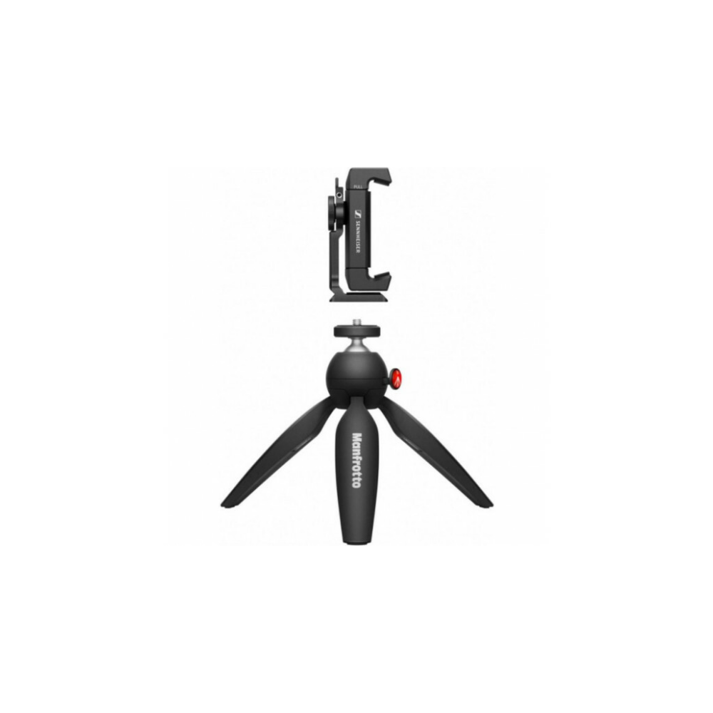 Schwarzes Manfrotto Mini-Stativ mit Handyhalterung.