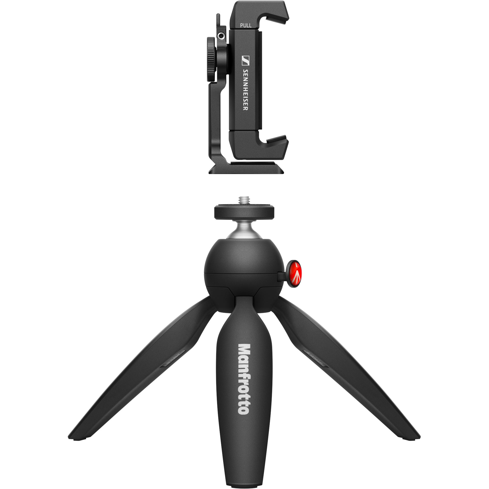 Ein schwarzer Manfrotto Mini-Stativ und ein Sennheiser Smartphone-Halter.
