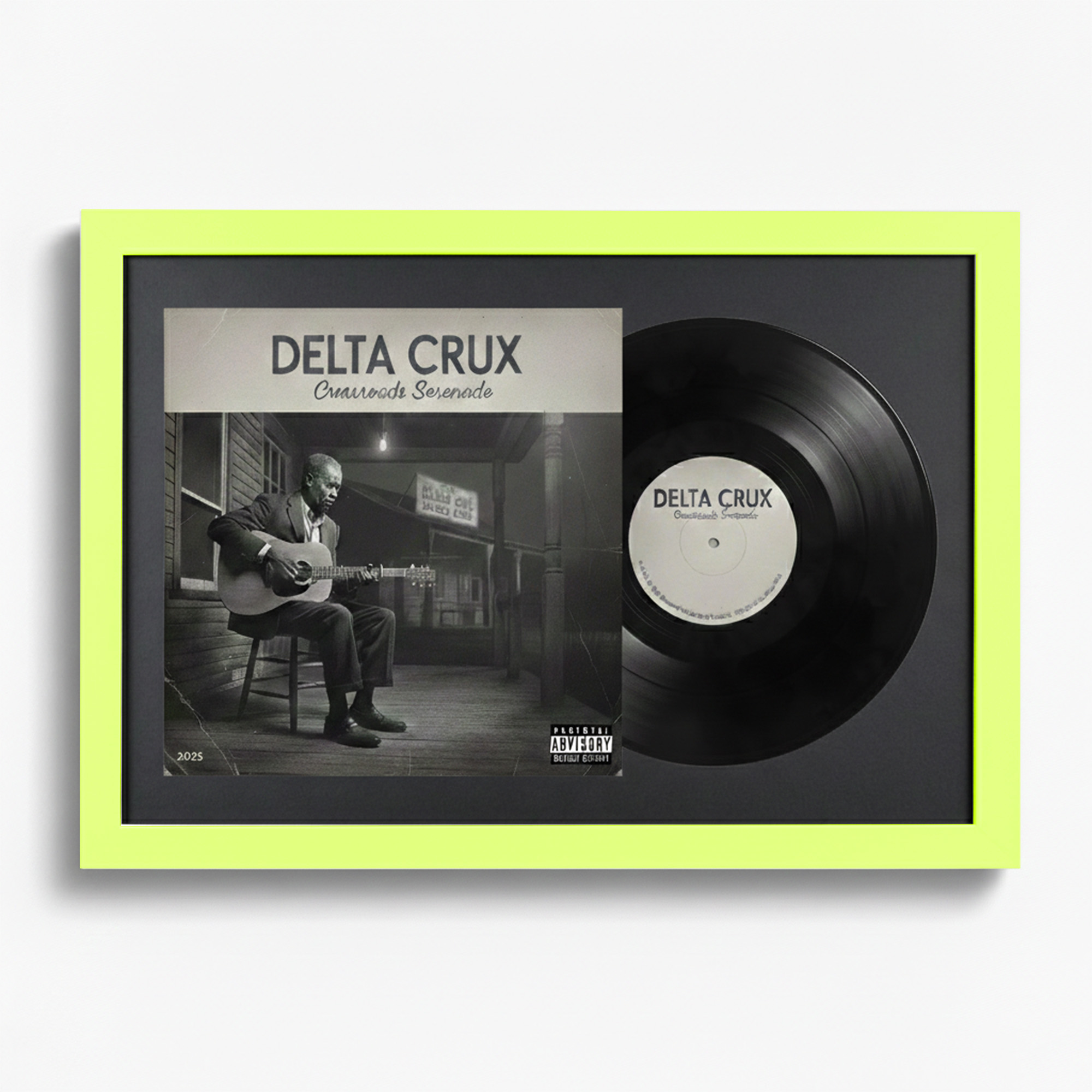 Gerahmte Albumcover und Schallplatte von Delta Crux, Crossroads Serenade.