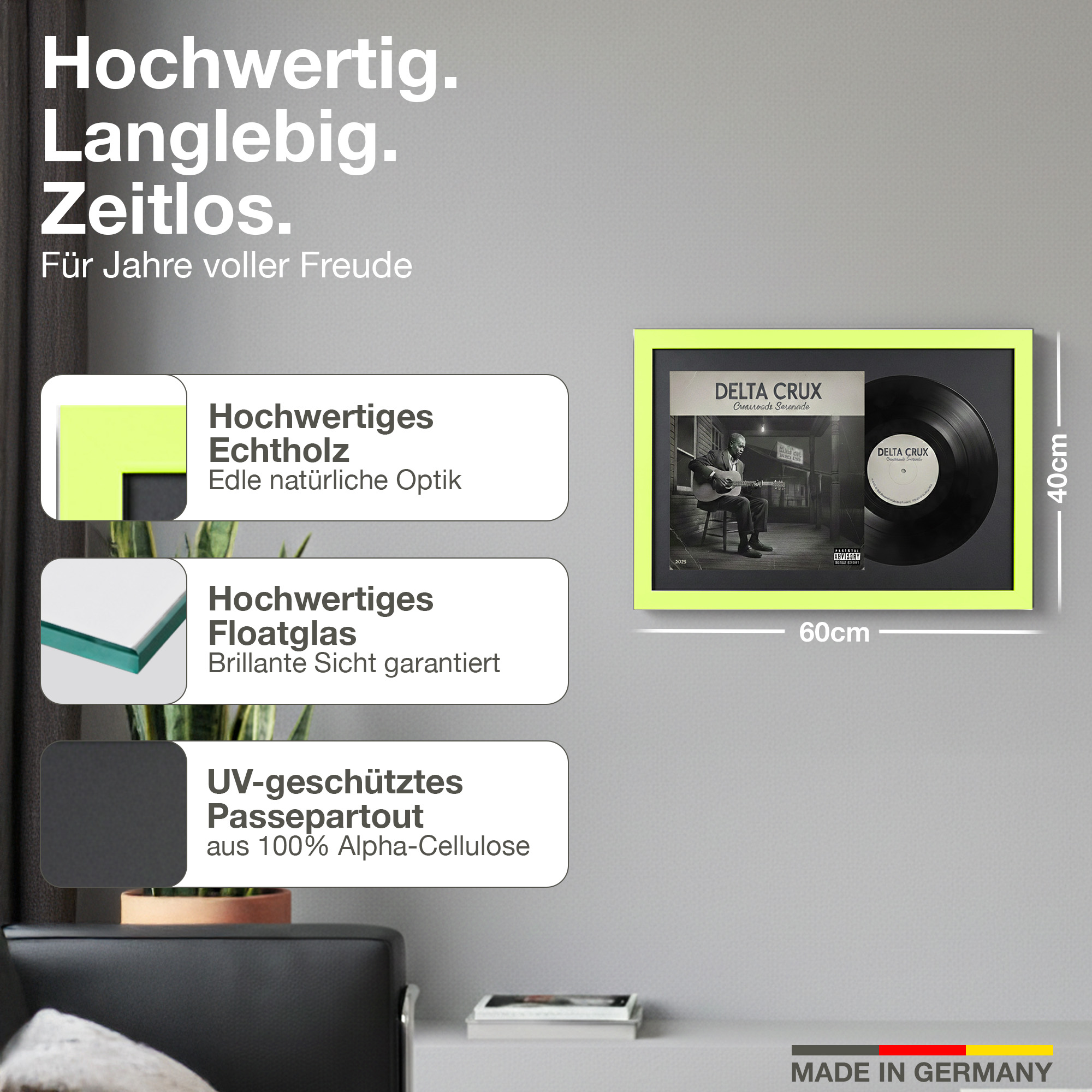 Gerahmte Schallplatte mit Text über Qualität, Holz, Glas und Passepartout.
