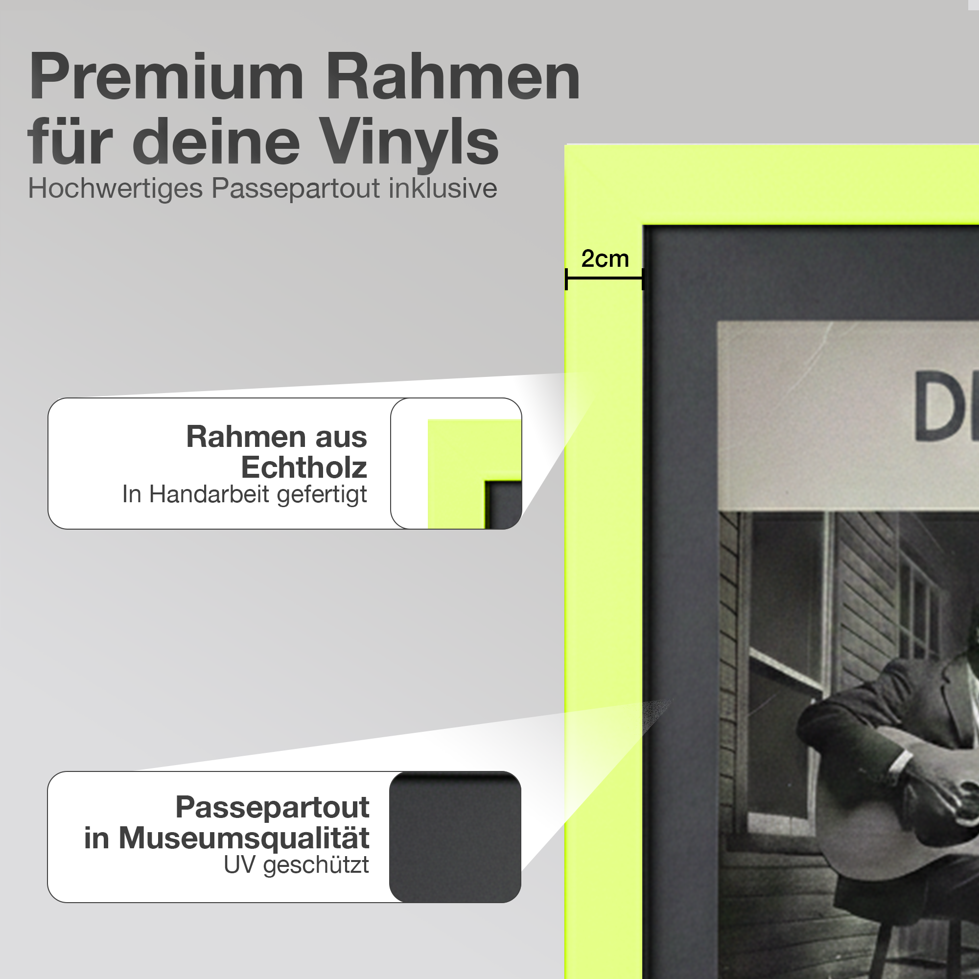 Ein Mann spielt Gitarre, gerahmt von einem neongelben Rahmen. Text über Rahmenqualität.