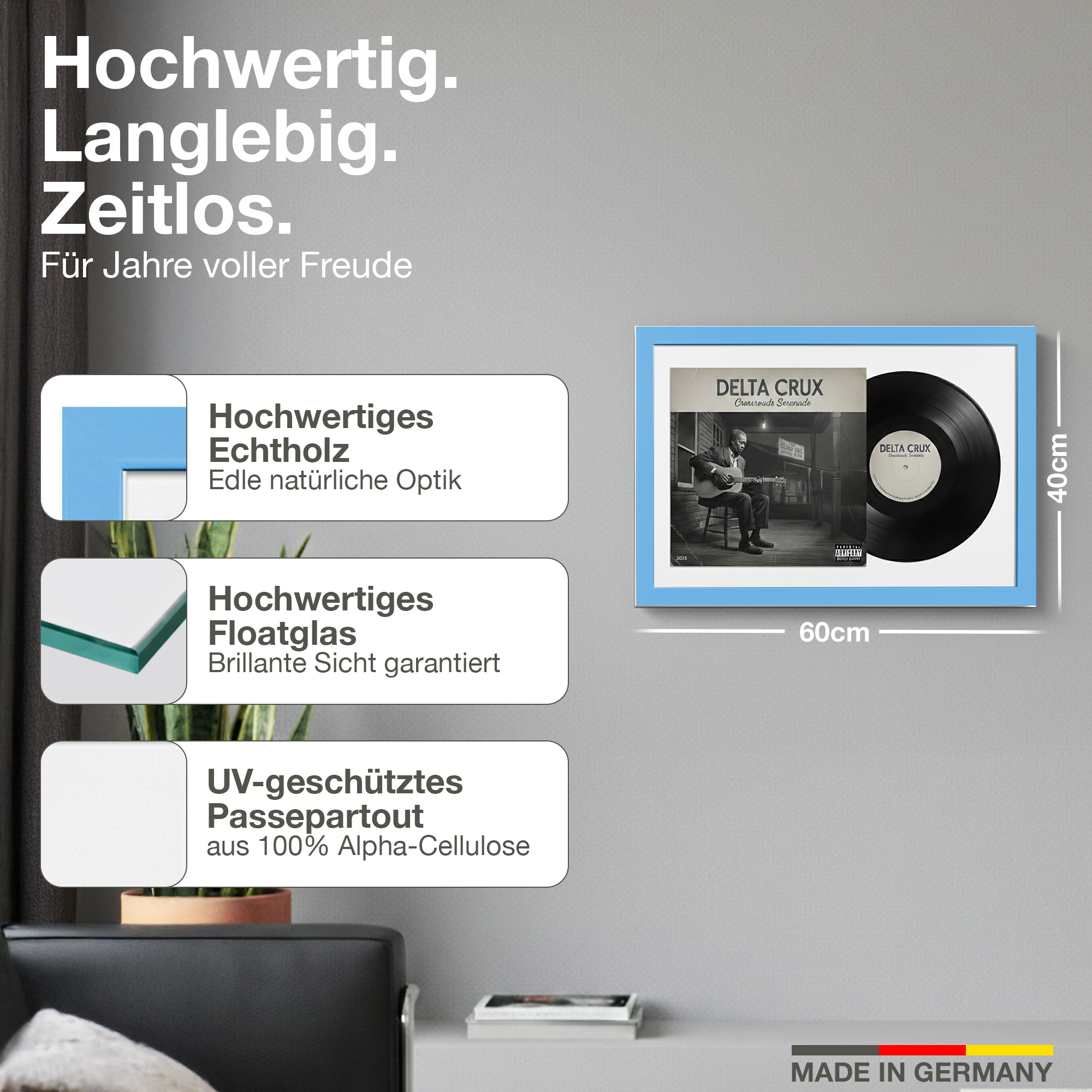 Ein Bilderrahmen mit Schallplatte und Cover, 60x40cm groß.