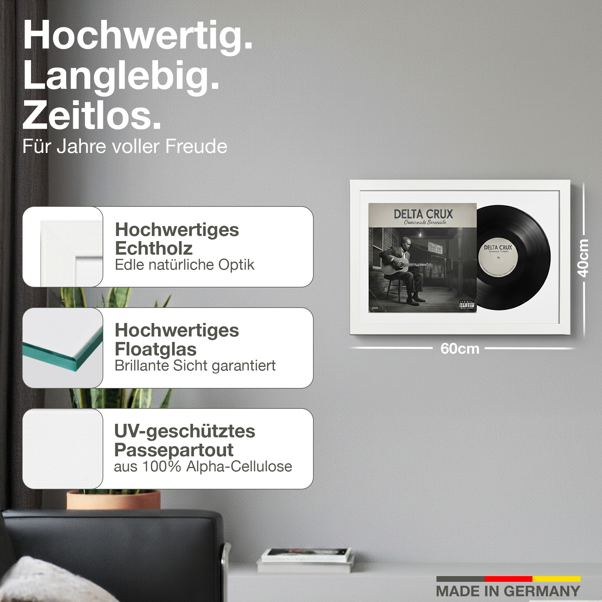 Gerahmtes Vinyl mit Albumcover, 60x40cm, aus Echtholz, Floatglas, Made in Germany.