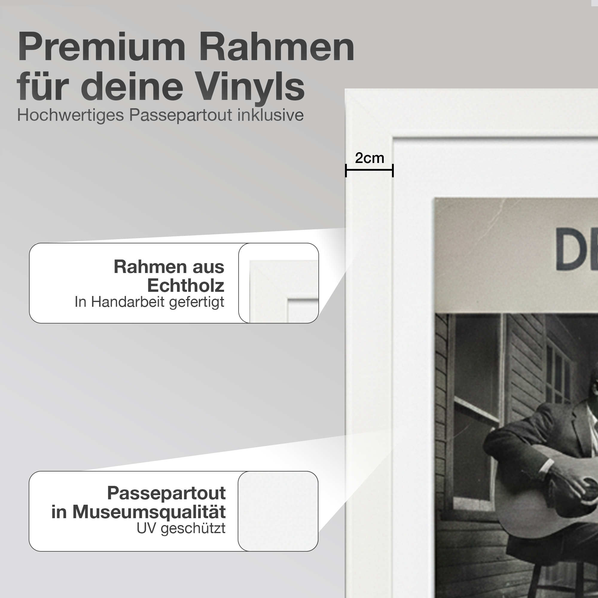 Weißer Rahmen mit Text 'Premium Rahmen für deine Vinyls' und Bild eines Mannes mit Gitarre.