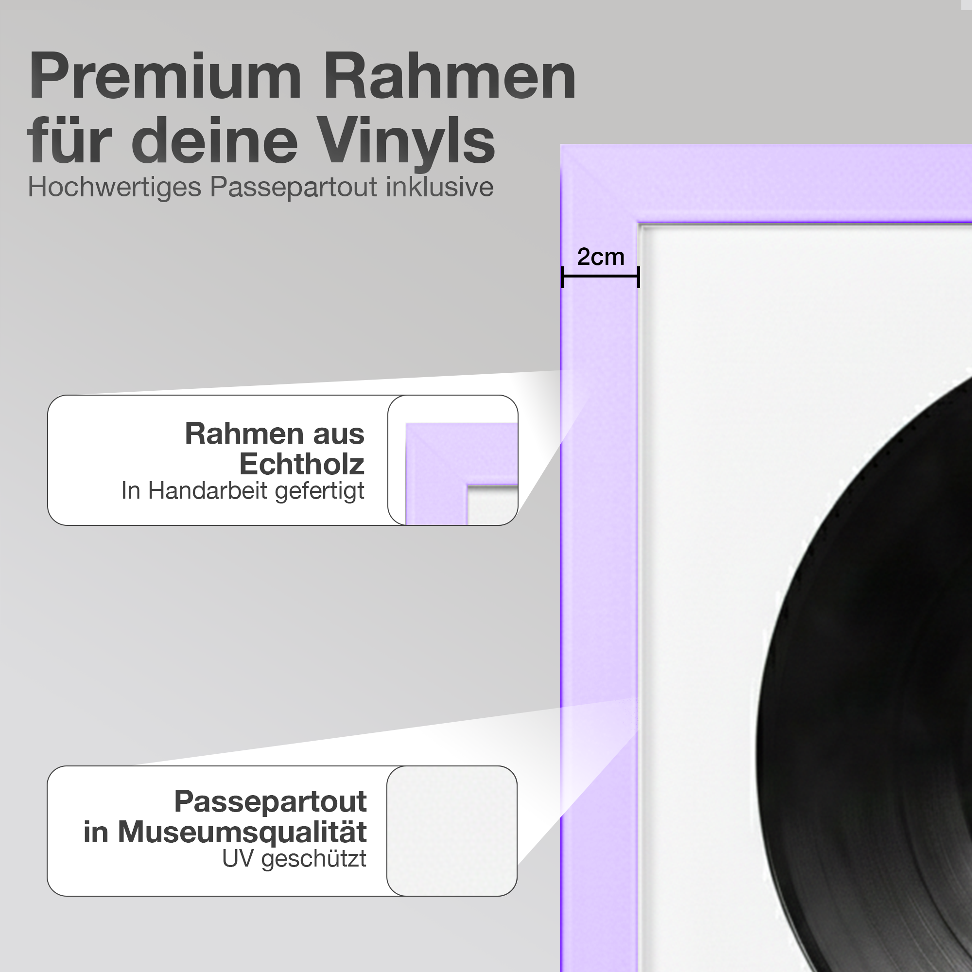 Lila Vinyl-Rahmen mit Passepartout, aus Echtholz, 2cm breit.