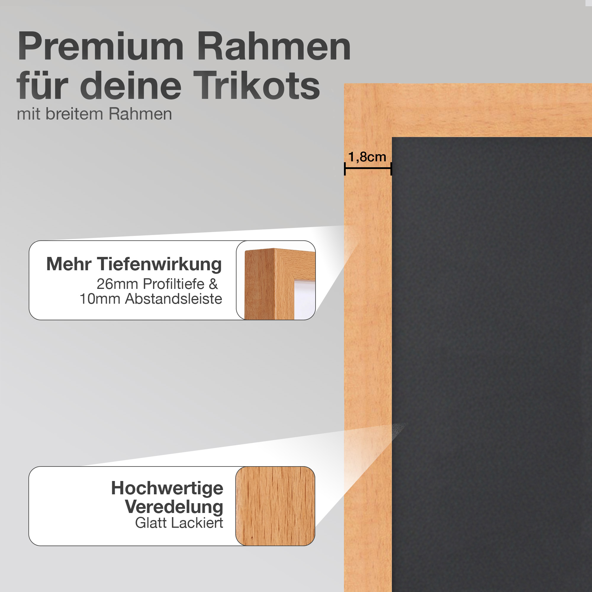 Ein Holzrahmen mit dunklem Hintergrund, mit Text über Tiefe und Veredelung.