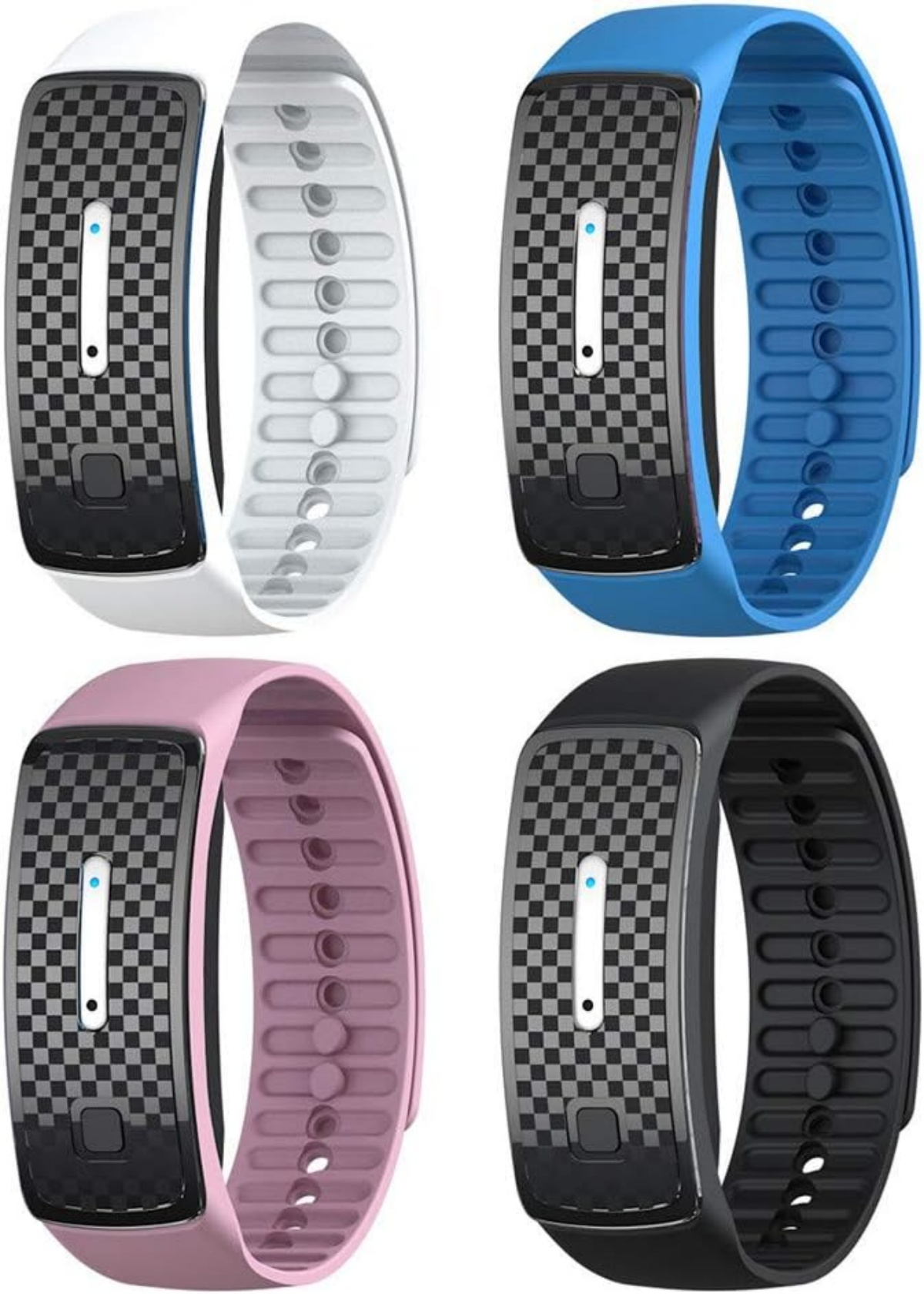Vier Fitness-Tracker in Weiß, Blau, Rosa und Schwarz mit kariertem Display.
