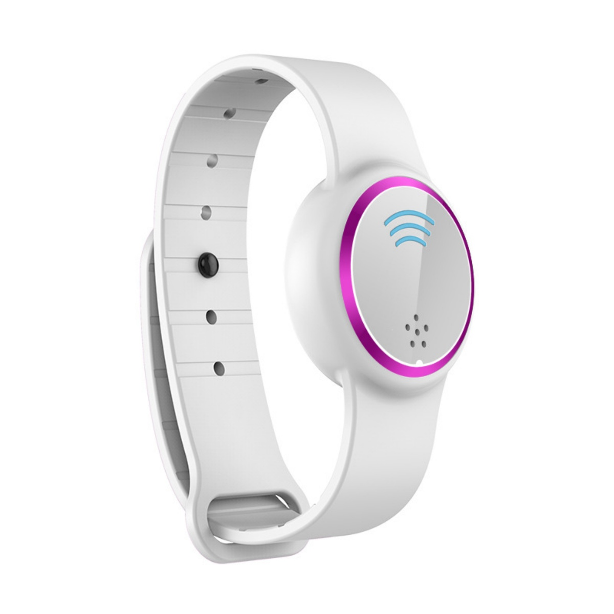 Ein weißes Armband mit einem runden, lila umrandeten Zifferblatt, das blaue Wellen zeigt.